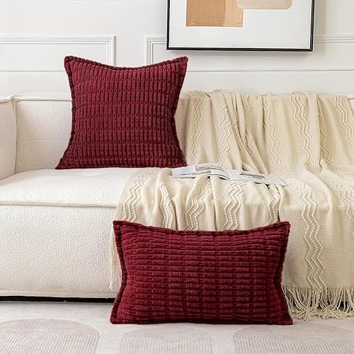 Miniatura 4 de MIULEE Juego de 2 fundas de almohada decorativas de pana coral, fundas de almohada suaves a rayas con borde ancho, decoración bohemia moderna para