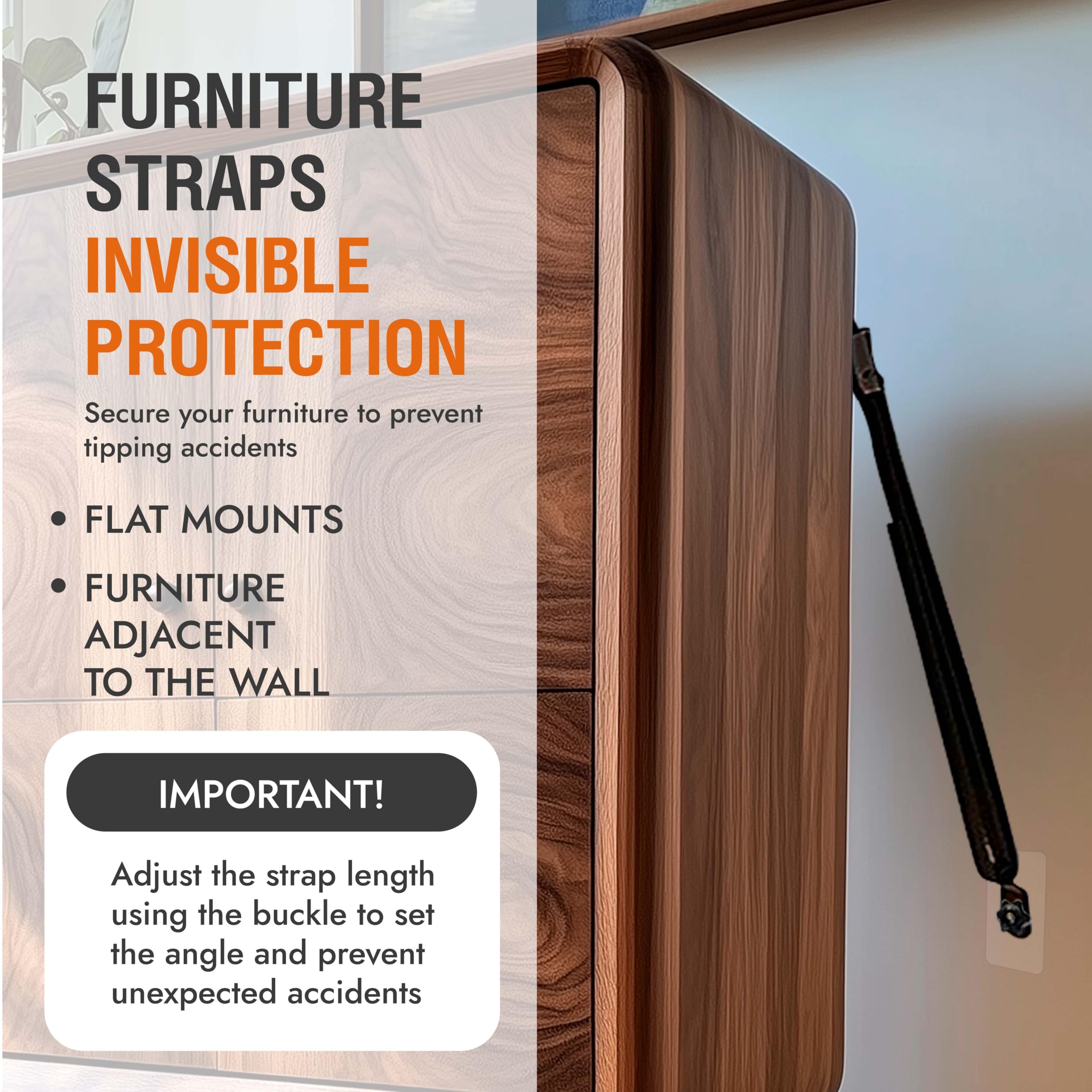 Paquete de 2 correas de seguridad para TV Adhasive, correas de TV sin taladro para pantalla plana, correas de terremoto para estanterías, kit de anclajes para muebles