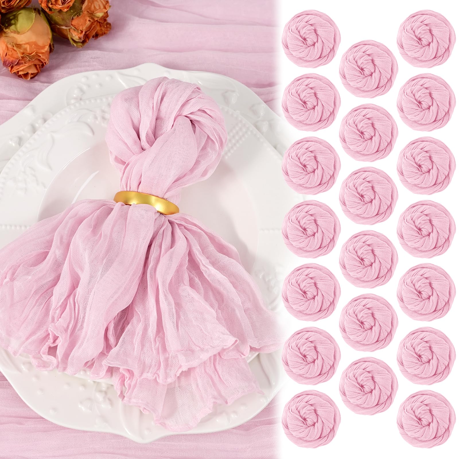 20 Pack Pink Cheesecloth Napkins 20"x20" Boho Washable Cloth Napkins Set of 20 Wrinkled Cheese Cloth Napkins Gauze Dinner Table Napkin for Wedding Party Baby Shower Birthday Decor
