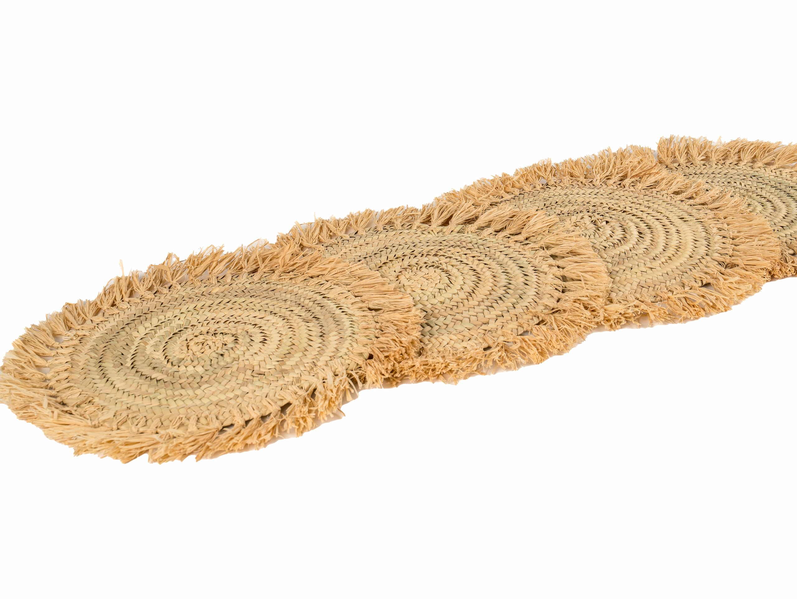 Tovagliette rotonde di Rafia Naturale, 30 cm, set di 4, con frange, tessuto a mano, stile marocchino