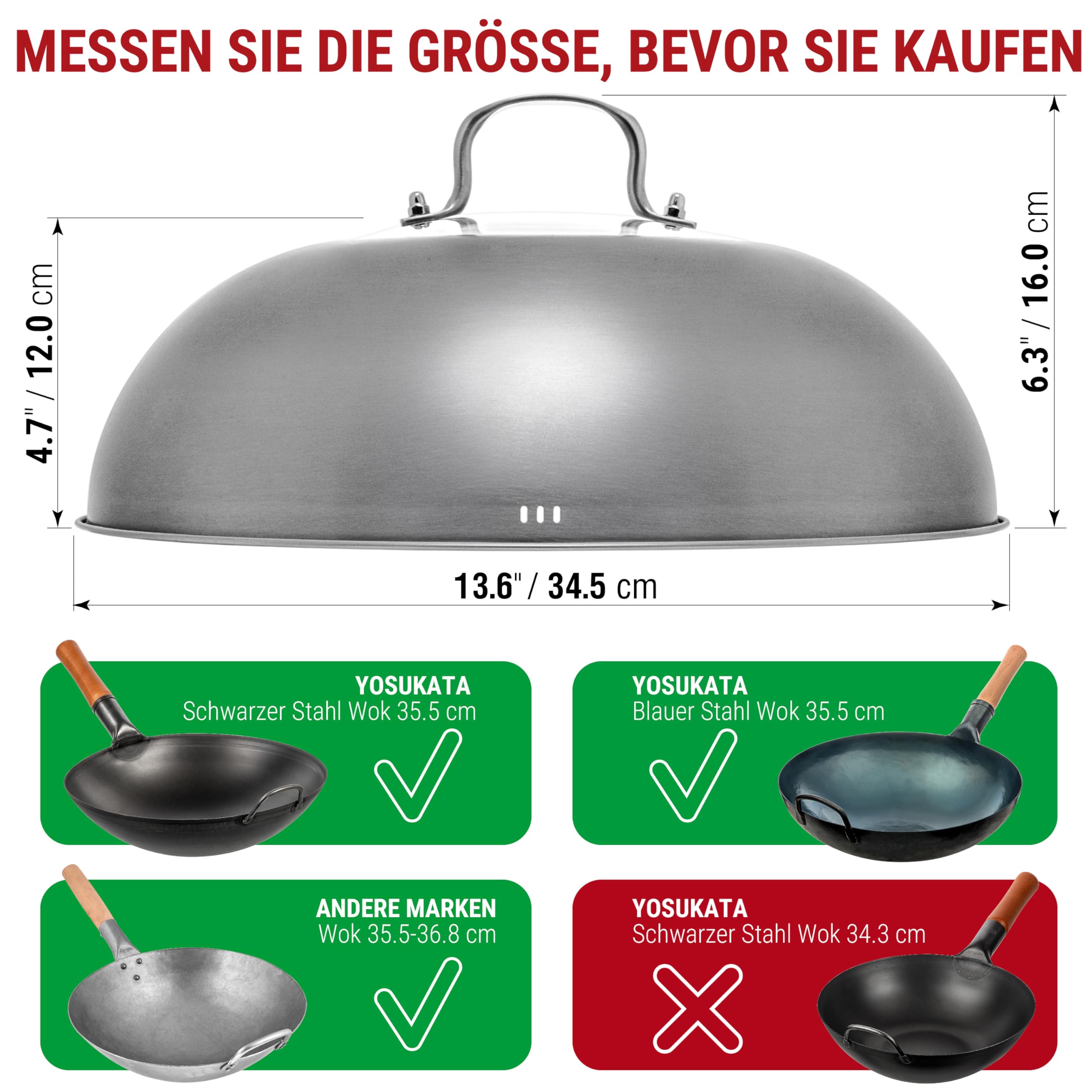 YOSUKATA Wok-Deckel 34,5 cm -Wokdeckel mit Gehärtetem Glas und Dampflöchern | Abdeckung für 36 cm Wokpfanne - Grill- und Käse-Schmelzkuppell - 304 Edelstahl Wok-Zubehör Spülmaschinenfest