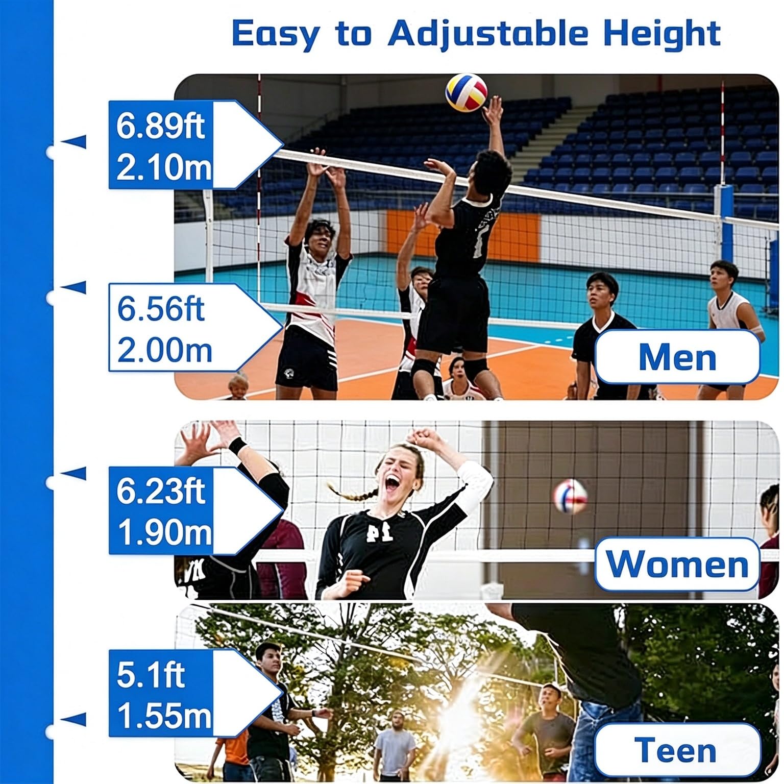 Pali da pallavolo/Badminton con Rete, Altezza Regolabile da 1,5 m a 2,07 m