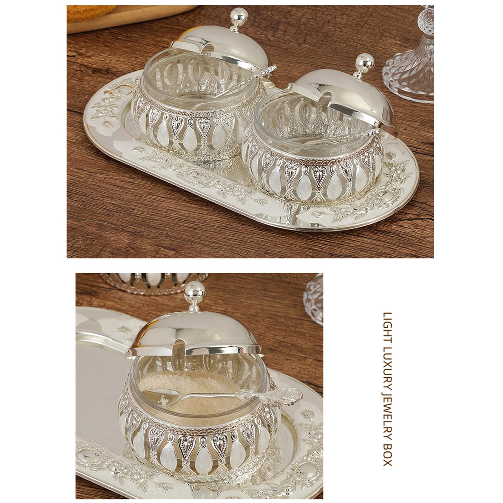 Set Zuccheriera Elegante Design Nordico Multifunzionale per Bancone della 2 unità in Acciaio Inox e Vetro con Cucchiaio e Coperchio