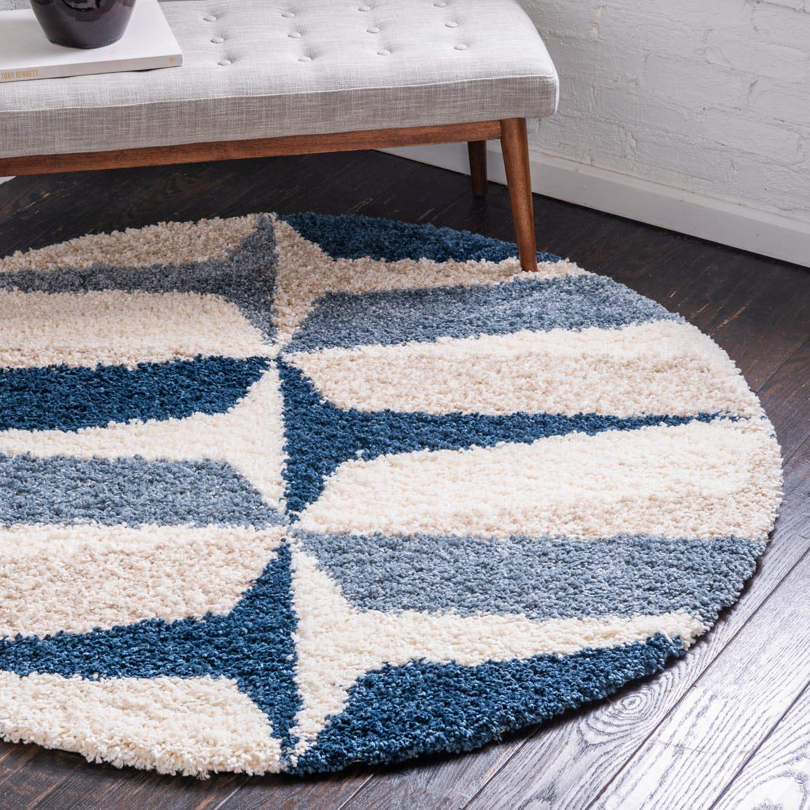 Unique Loom Hygge Shag Collection Modern Moroccan Inspired, Geometric Design, Plush & Cozy Area Rug (3' 3 x 3' 3 Round, Blue/ Ivory)