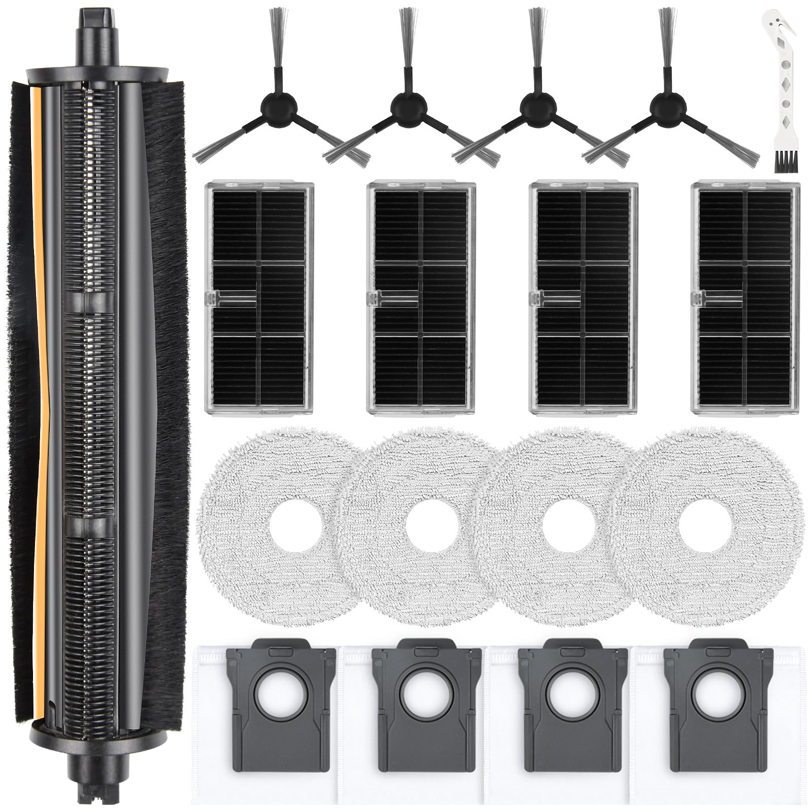 18 Stück Zubehörset für Dreame L10s Pro Ultra Heat / L10s Ultra Gen 2 / X30 Ultral/Mova E30 Ultra Saugroboter, 1 Hauptbürsten 4 Wischtücher 4 Filtern 4 Staubbeuteln 4 Seitenbürsten 1 Putzbürste