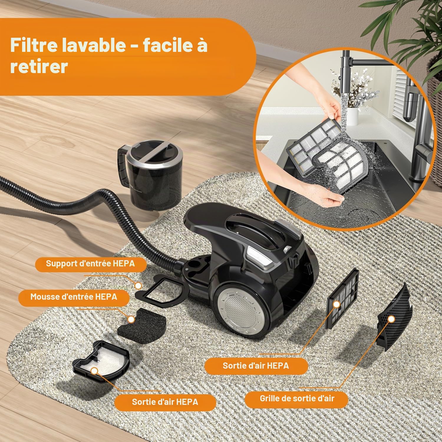 Aspirateur sans sac 1200 W - Forte puissance d'aspiration - Compact et léger - Sans sac - Silencieux < 70 dB - Réservoir à poussière de 2,5 l - Buse de sol pour sols durs et tapis - Filtre