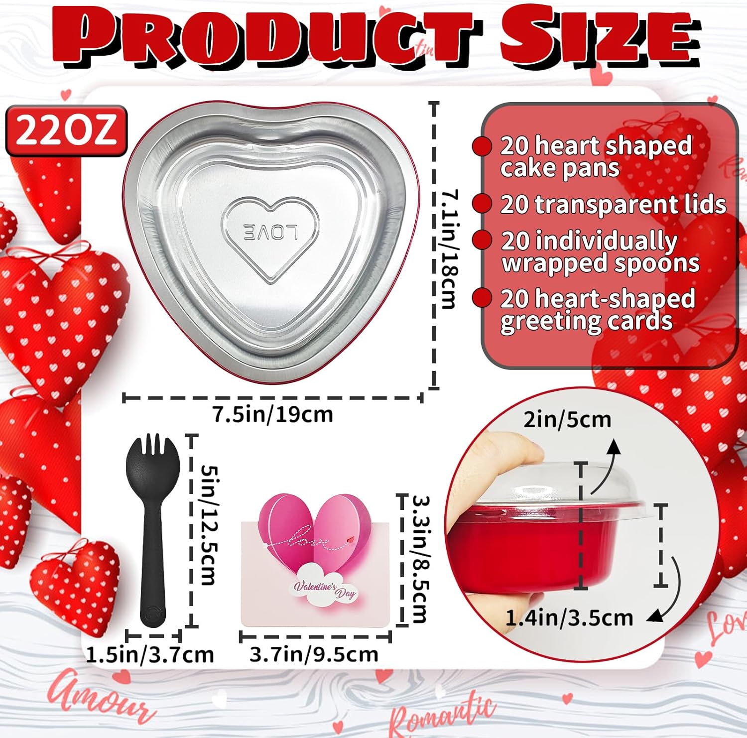 ojyudd 20 pack 22oz heart shaped cake pans with lids,disposable valentine heart dessert baking pan,aluminum foil containers for birthday wedding parties cooking(red)