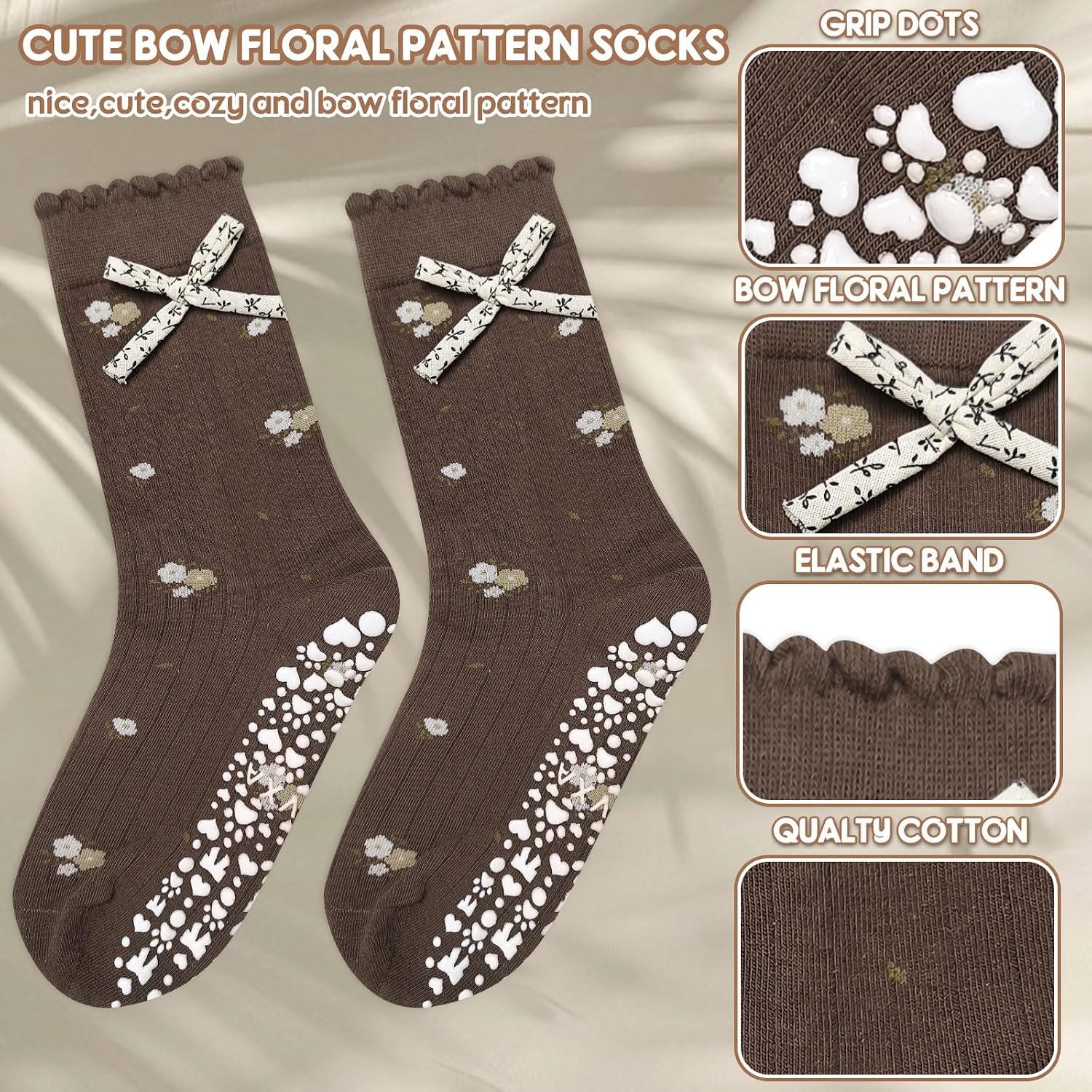 3 Pairs Cute Pilates Grip Socks for Women Ruffle Bow Floral Pattern Non Slip Grip Socks Fits US Sizes 5-8 for Yoga, Barre, Barefoot