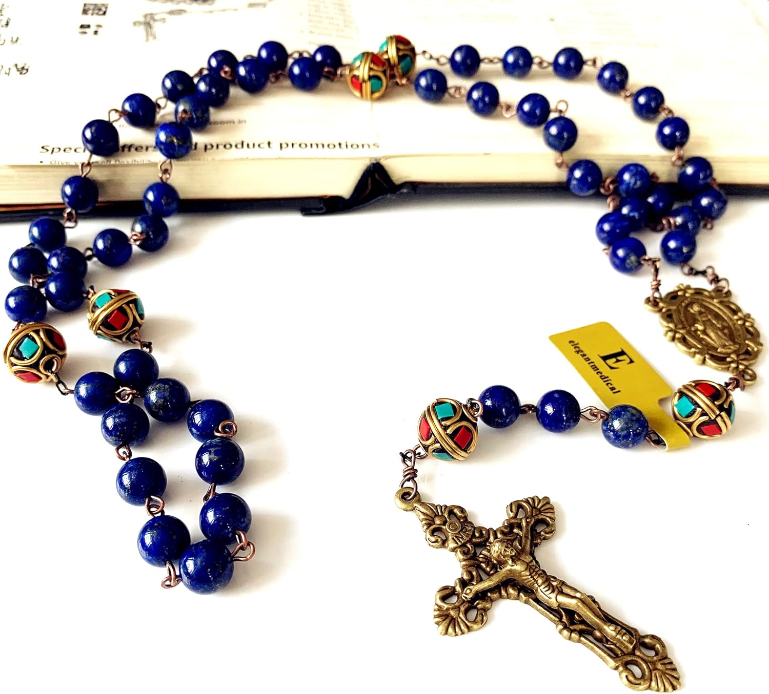 elegantmedicl Tibet BEADS UNDOUBTED Lapis lazuli Antiqued Rosary Necklace Bronze Cross - Image 2