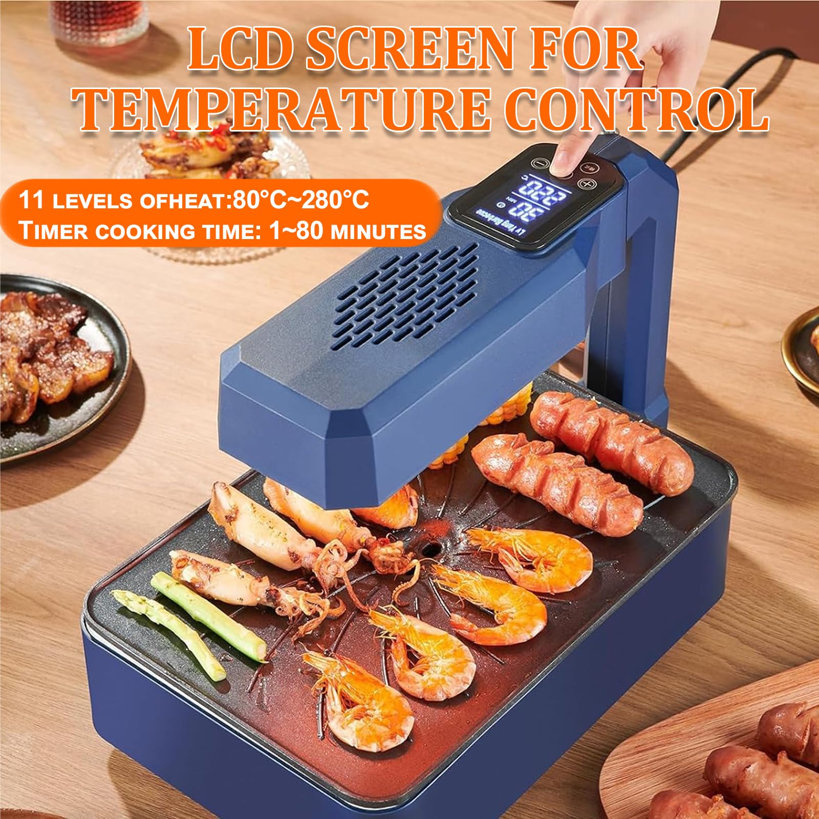 Bezdymny elektryczny grill do grillowania, wewnętrzna płyta grillowa o mocy 1100 W, do grillowania, regulacja temperatury 80-280°C, wyjmowana, nieprzywierająca płyta grillowa i miska olejowa