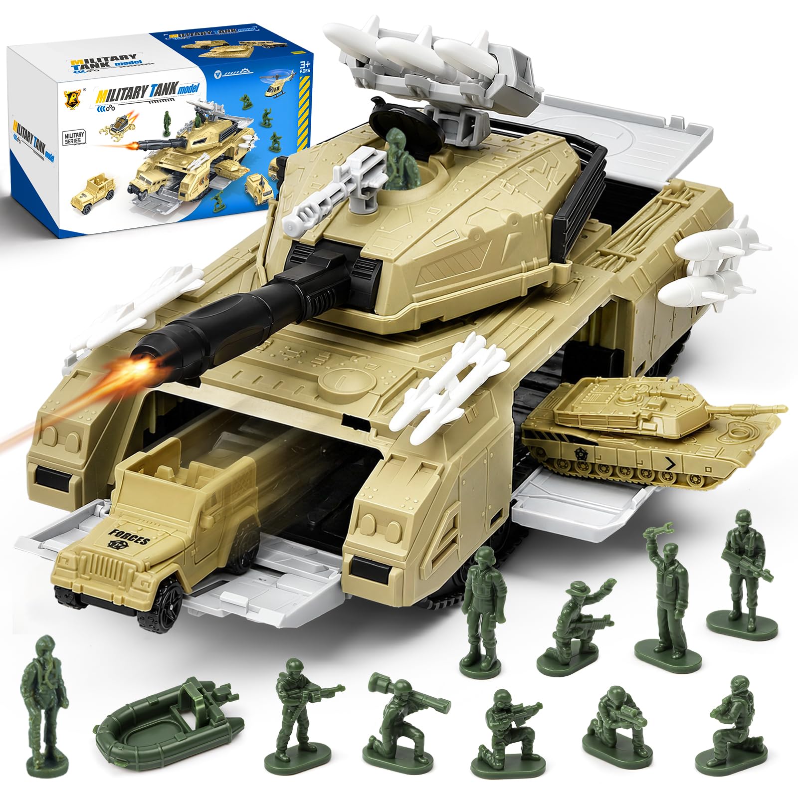 Varrotoy Military Tank Toy Sets for Kids, 2 in 1 Army Tank Toys, Army Vehicle Carrier with Military Vehicles and Soldier Figures, Birthday for 3 4 5 6 Year Old Boys and Girls