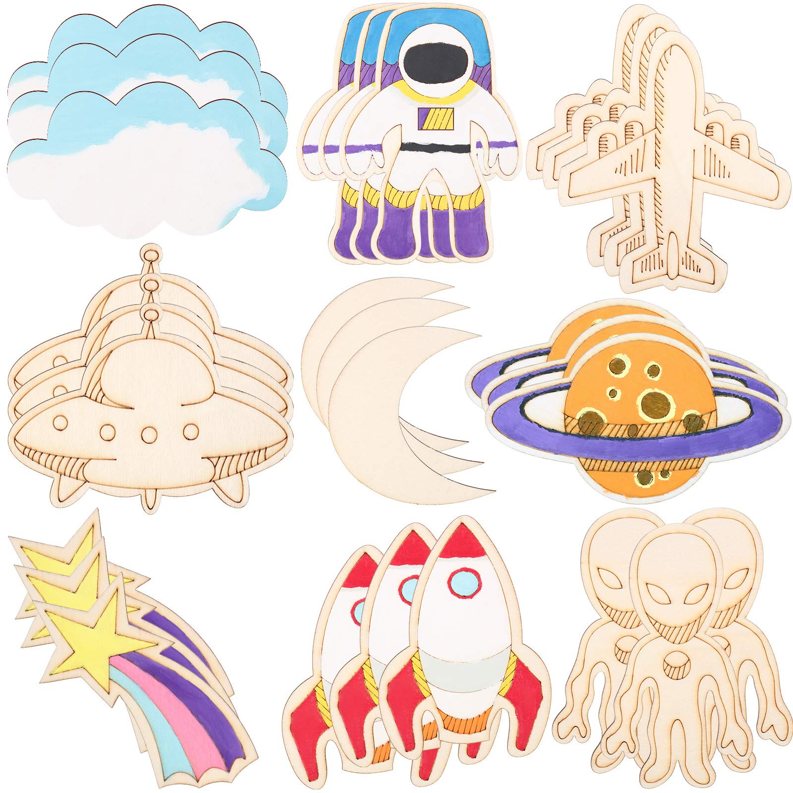 Jetec 27 Pieces Outer Space Crafts Unfinished Wooden Cutouts Space Themed Party Favor Rocket Planet Astronaut Alien DIY Wood Painting Art Project for Classroom Home Halloween Christmas Decoration