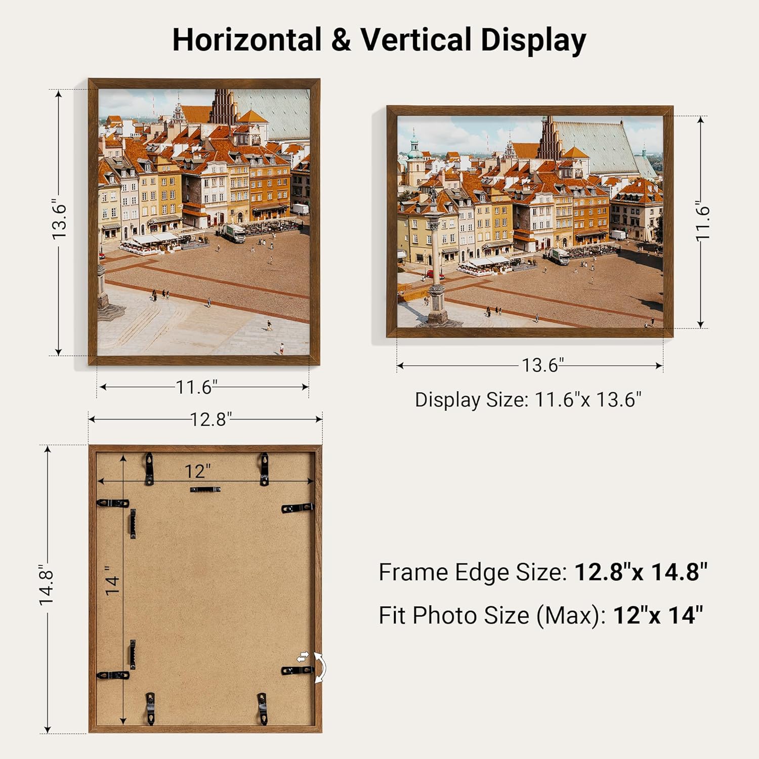 Heimlove 12x14 Picture Frames Solid Oak Wood,14 x 12 Photos Frame with Tempered Glass,Wall Gallery Poster Frame with No Mat,Horizontal and Vertical for Wall Mounting,Home Office Decoration,Walnut Color