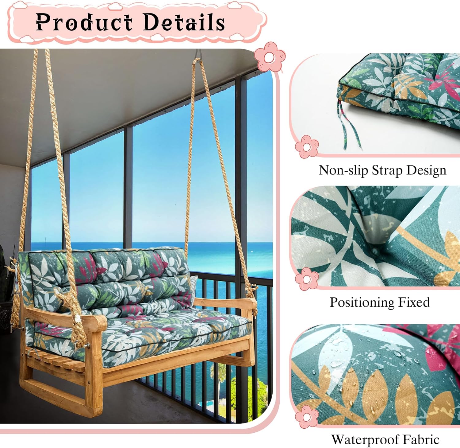 2-3 Seat Swing Replacement Cushion, Outdoor Bench Cushions with Backrest Thicken 4", Patio Furniture Garden Porch Loveseat Glider Pad Anti-Fading Waterproof (Green Flower, 40x55in)