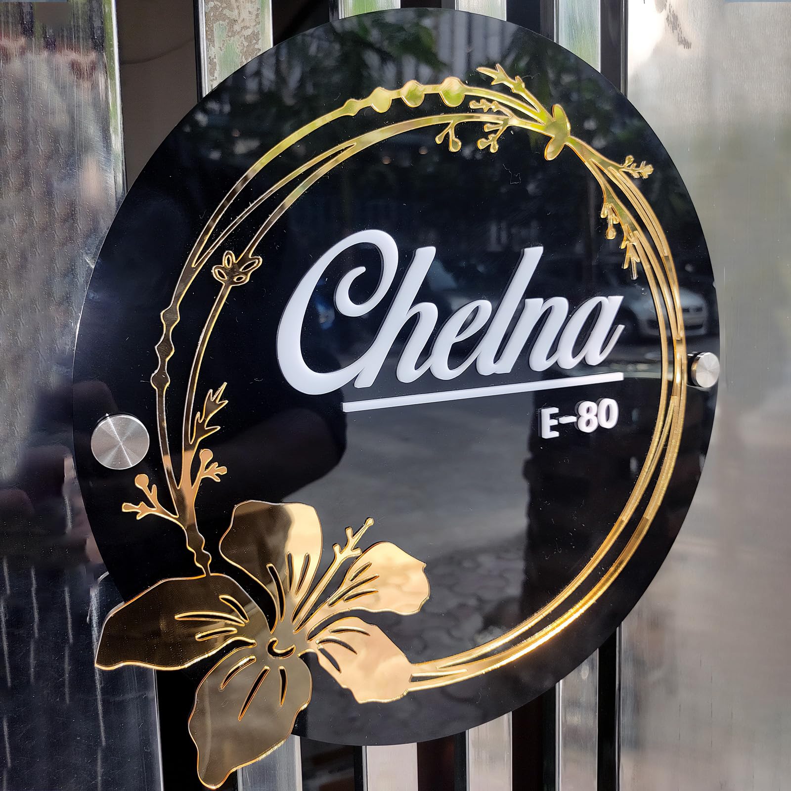 CHELNA Customized Black & Golden Flower with White Laser Cut Acrylic Letter Nameplate for Entrance Decoration (15x15inch) (B0CD26JWKY) Amazon Price History, Amazon Price Tracker