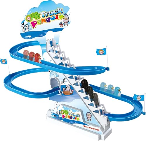 ARSUK Playful Penguin Race Game, Roller Coaster Musical Toy Track Playset with Music & LED Flashing Lights On/Off Button for Toddlers and Kids Gift