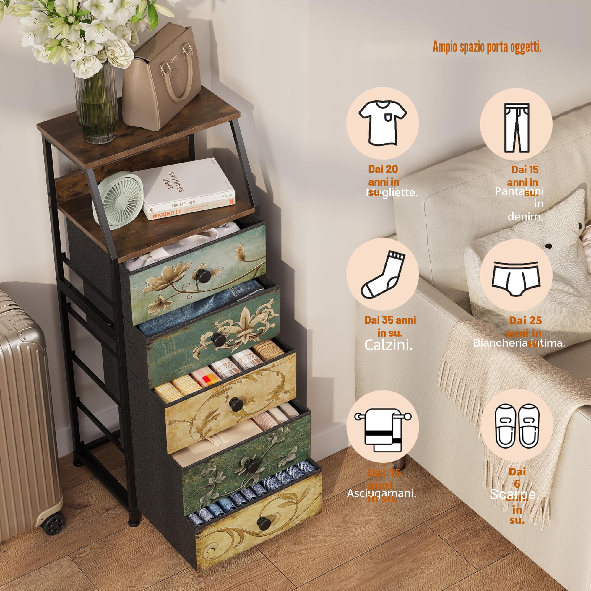 VEDECASA - Comò con 5 cassetti in tessuto, armadio con cassetti con ripiano aperto, tavolo da trucco bohemio, armadio per la conservazione, comodino, tavolino per camera da letto e soggiorno