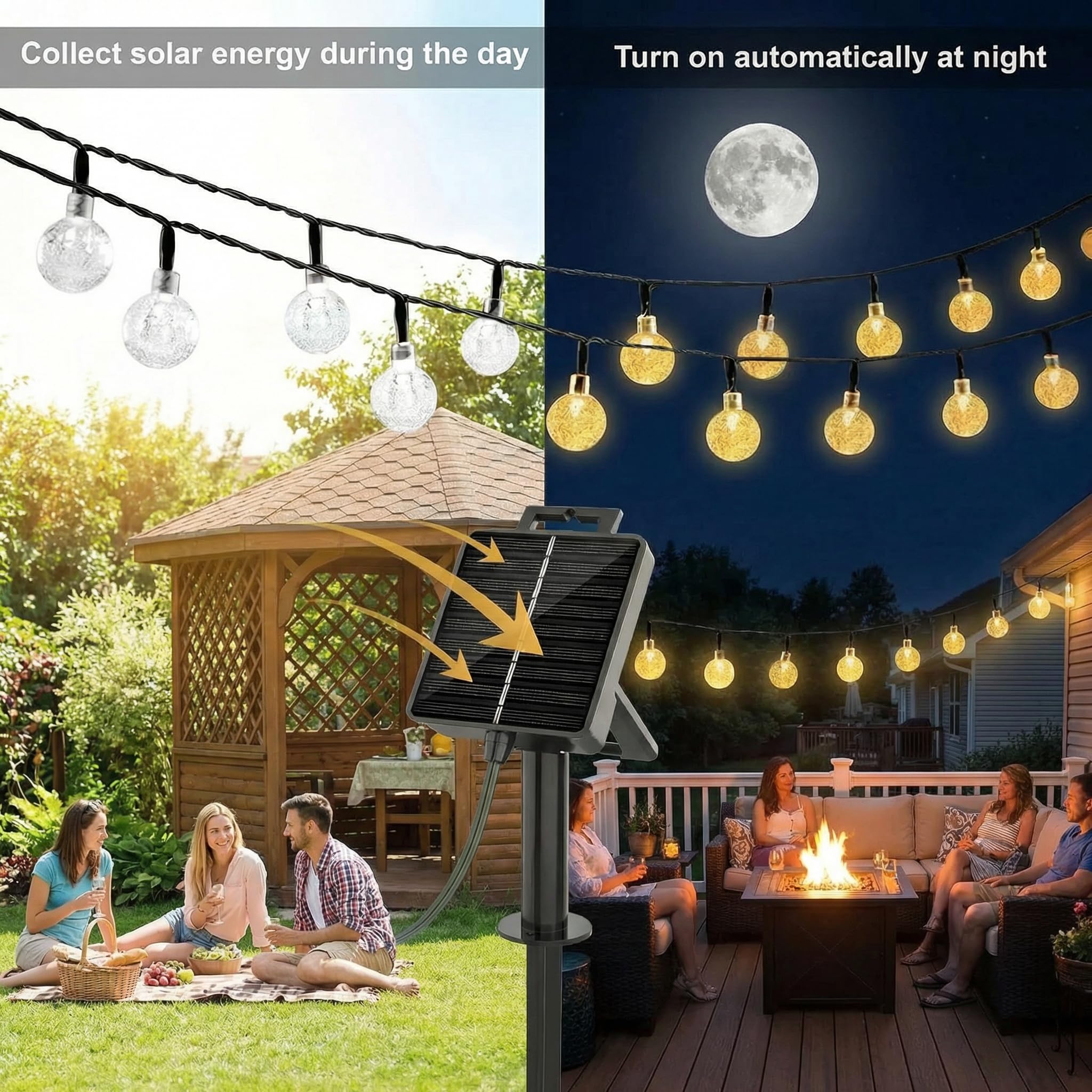 Guirnalda solar exterior, 8m 40 LED bolas de cristal, 8 modos, función memoria, impermeable IP65, para jardín, terraza, balcón, bodas, árboles, blanco cálido