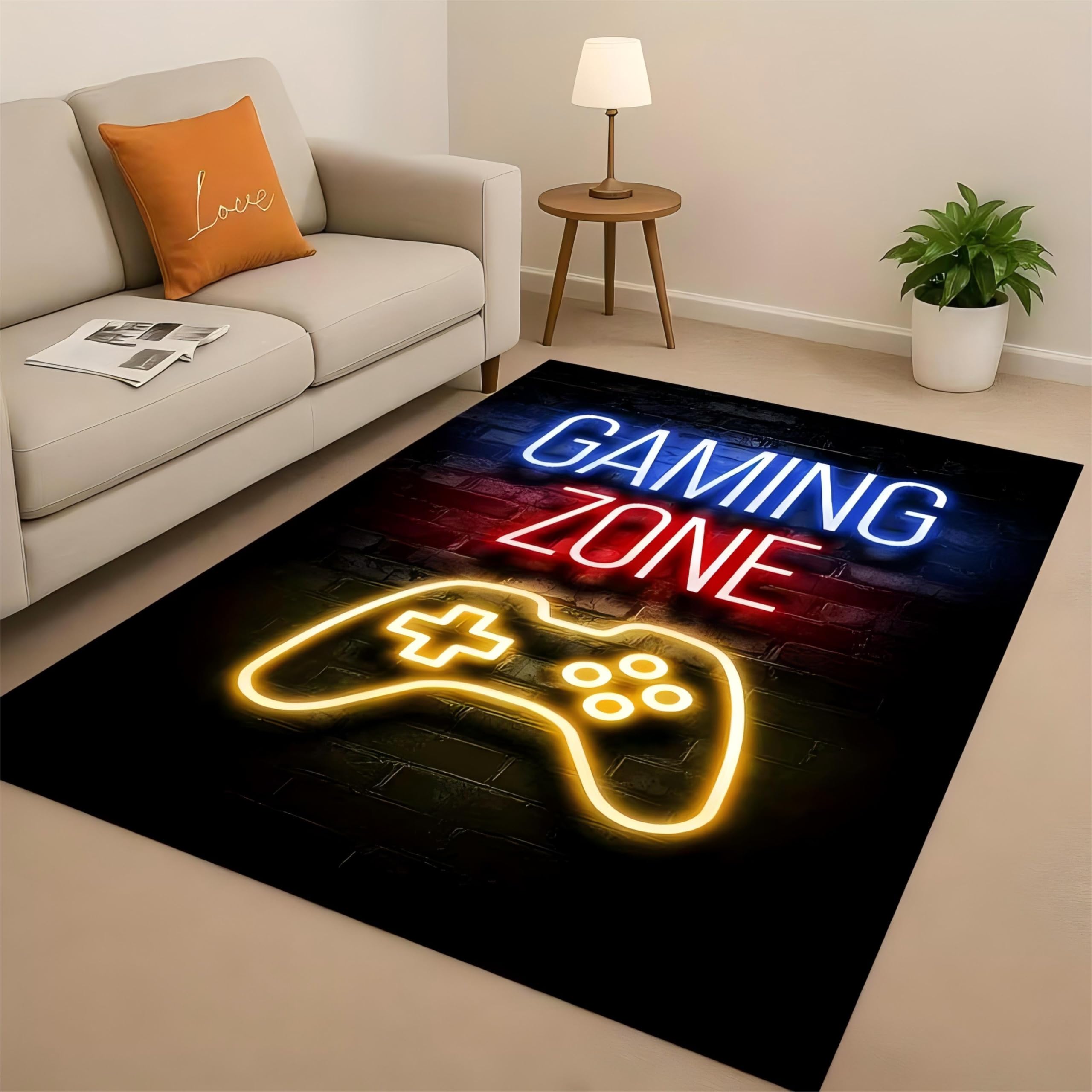 USHIRUG Neon Gaming Area Rug, 60x90cm 3D Game Controller Player Large Area Carpet, Boys Bedroom Decor Mat, Soft Non-Slip Easy to Clean Washable Carpet for Game Room Nursery Classroom Play Rugs