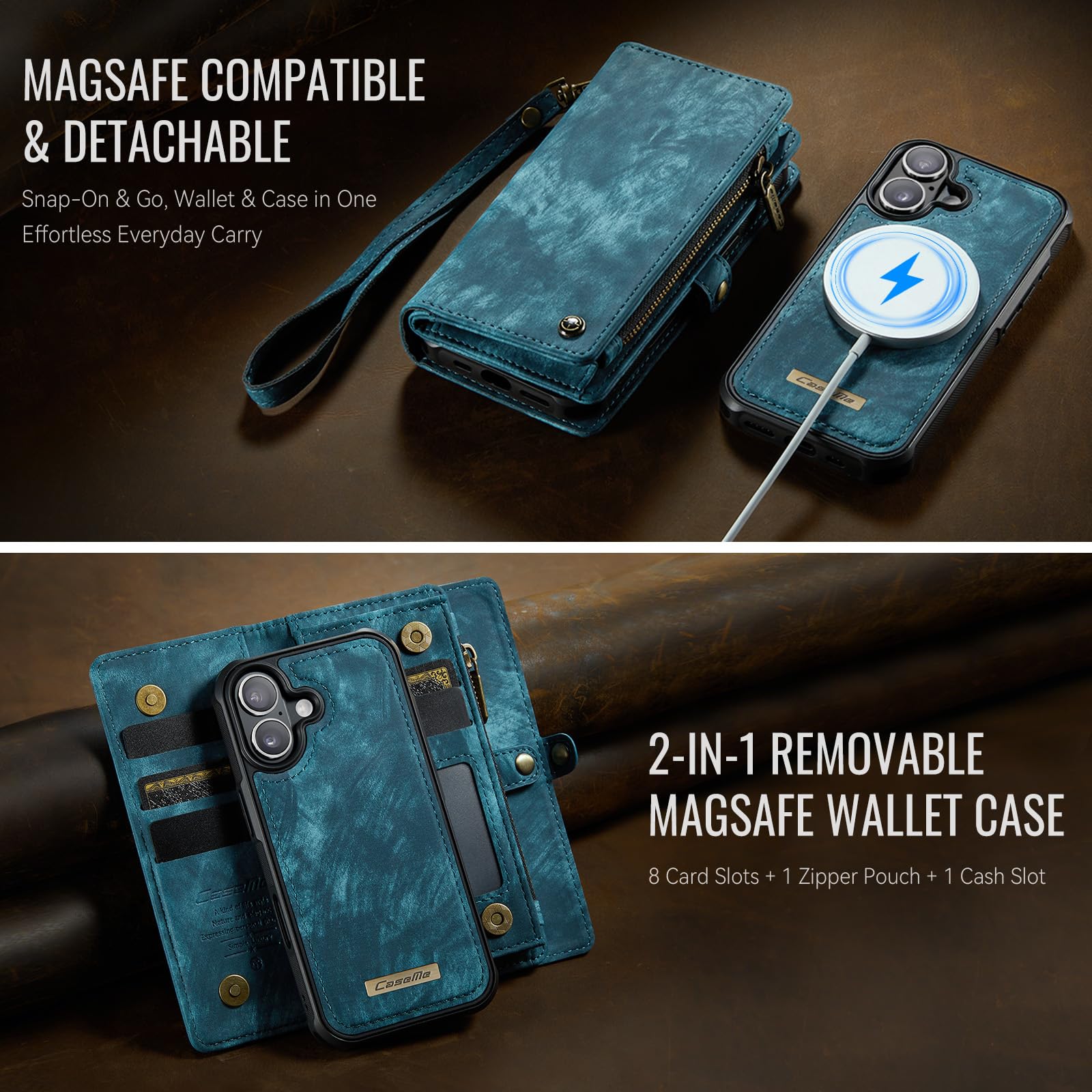 Etui portfelowe na iPhone'a 17 z 8 przegródkami na karty, magnetyczne zamknięcie, kieszeń na zamek błyskawiczny, odpinane magnetyczne etui 2 w 1, wysokiej jakości skóra PU, z paskiem na