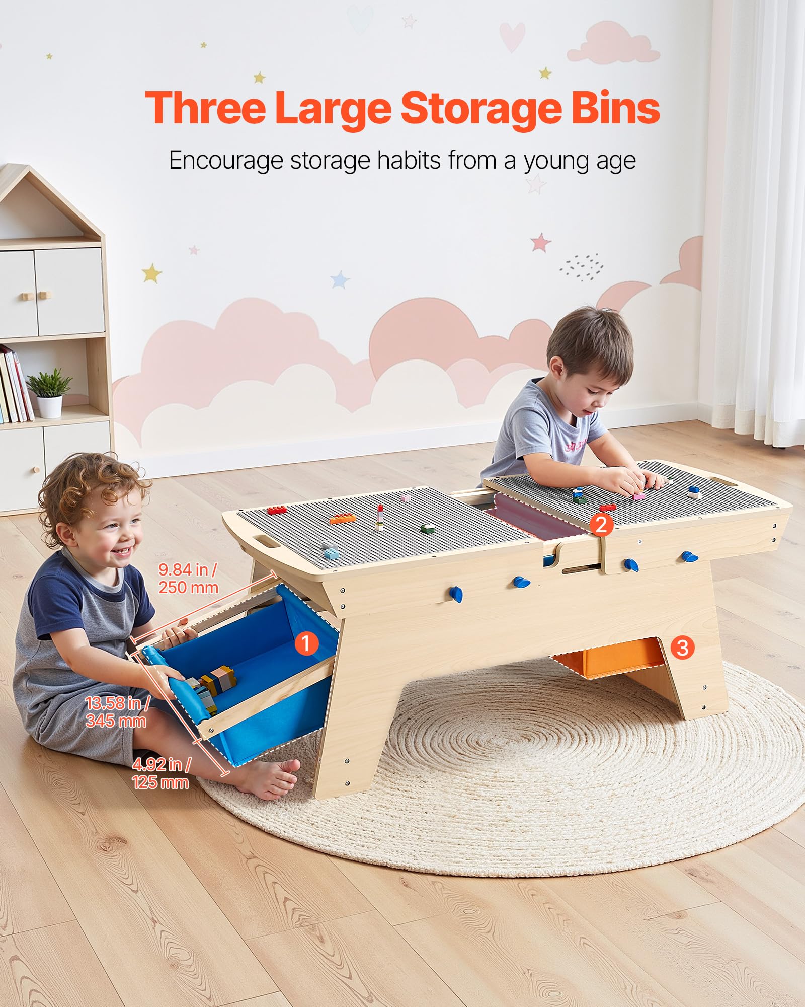 VEVOR Kindertisch 905 x 497 x 393 mm, Aktivitätstisch aus Holz, Mehrzweck-Spieltisch mit 200 Bausteinen und 3 Aufbewahrungsbehältern, Bausteintisch, Geschenk für Kinder ab 3 Jahren, Holzfarbe
