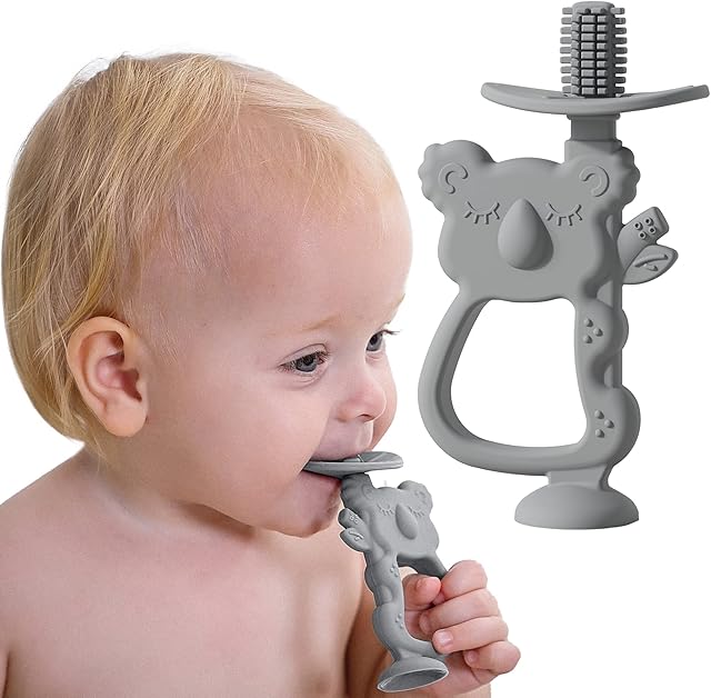 Moonkie 360° Baby Toothbrush with Suction Base, Silicone Teething Toys Teethers for 6 Months+ Baby and Toddler 1pc (Koala Lunar Grey)