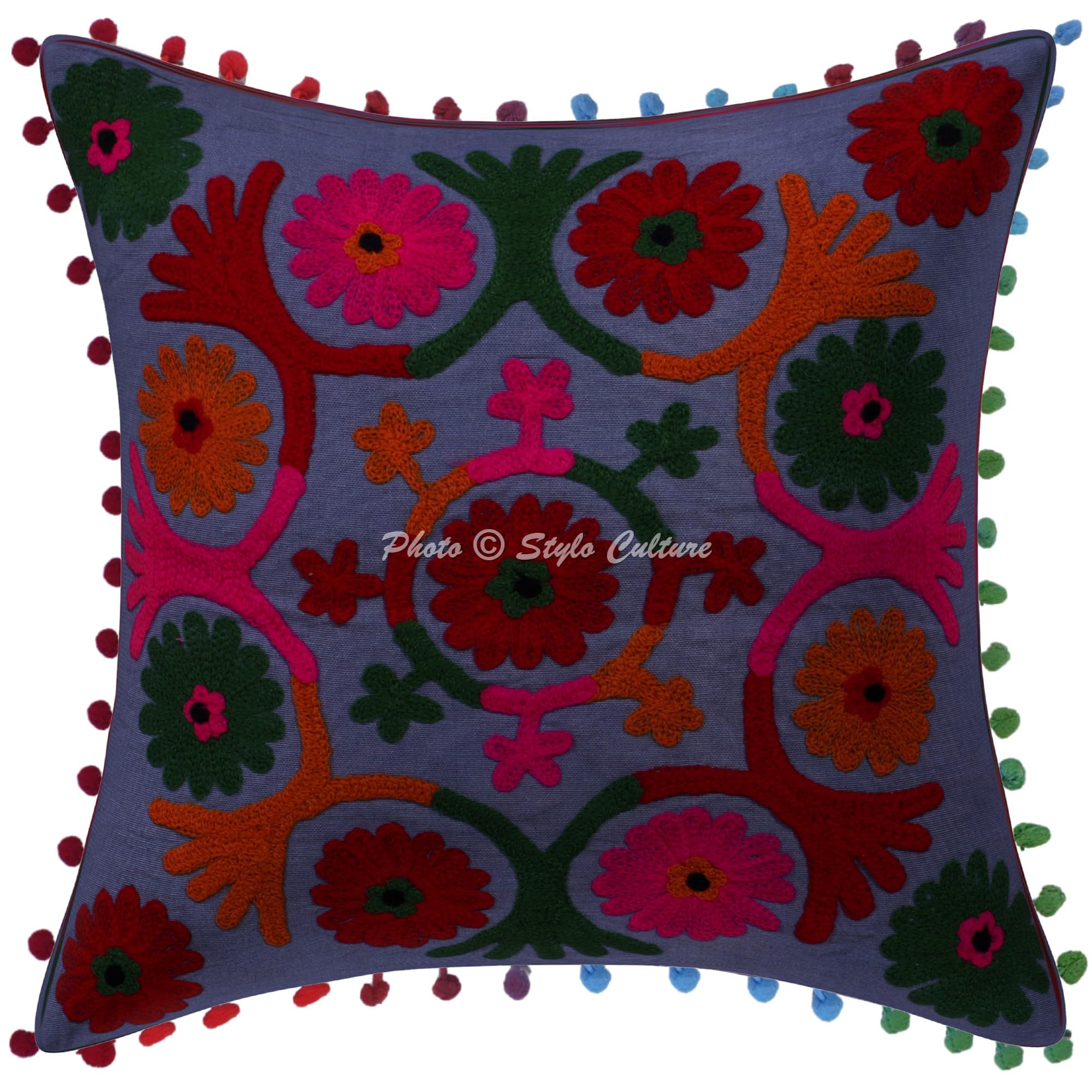 Indische Dekorativ Baumwolle Couch Kissenbezüge 40x40 cm Grau Dekokissen Suzani Bestickte Pom-Pom-Spitze Schlafzimmer Sofa Kissen Bezüge Blumen Quadrat Kissenhullen - 4 STK.