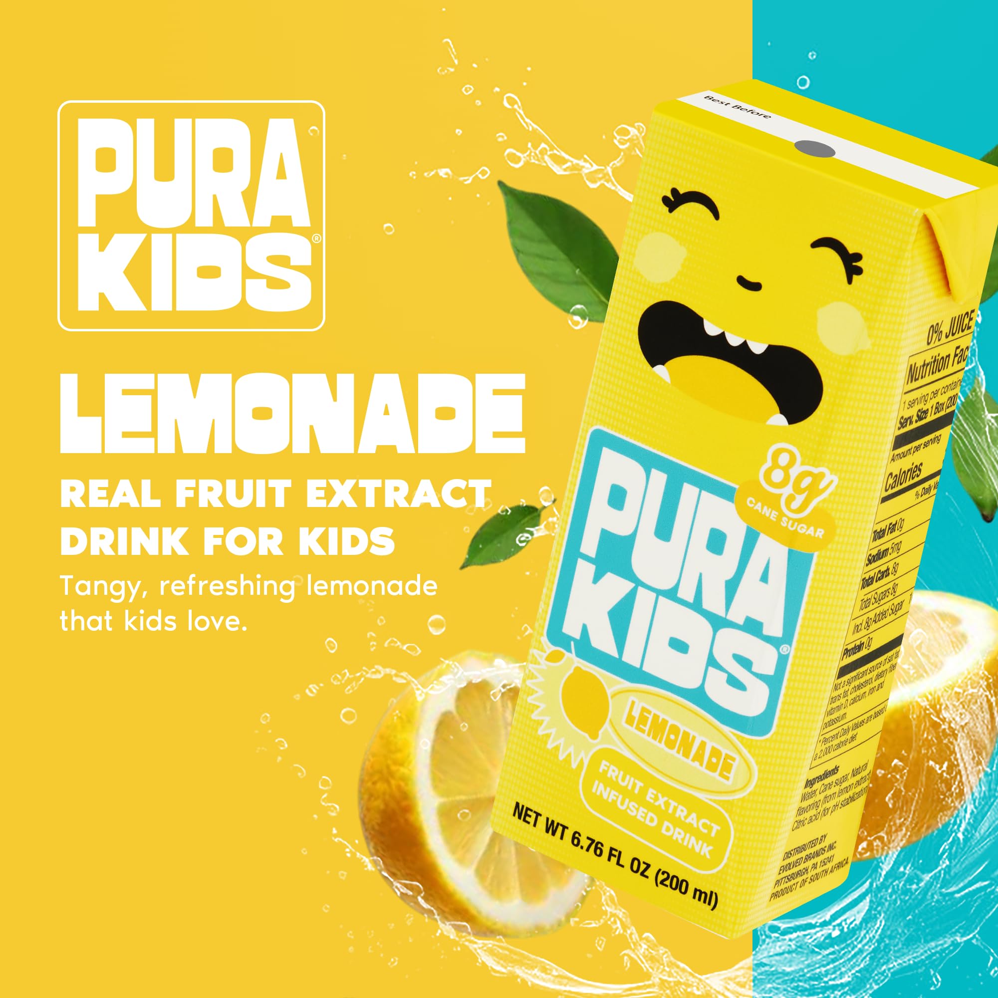PURA Kids Box | Lemonade Fruit extract infused Drink for kids | 8g Pure Cane Sugar | Non-GMO | Vegan, No Artificial Sweeteners | Best Lunchbox Beverage with Paper Straw | 6.76 fl oz (200ml), Pack of 6