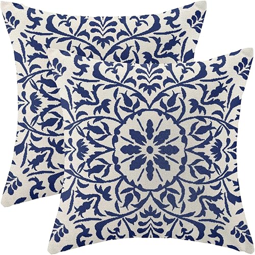 Juego de 2 fundas de almohada bohemias de color azul marino de 20 x 20 pulgadas, diseño de alfombra étnica bohemia, fundas decorativas de lino con