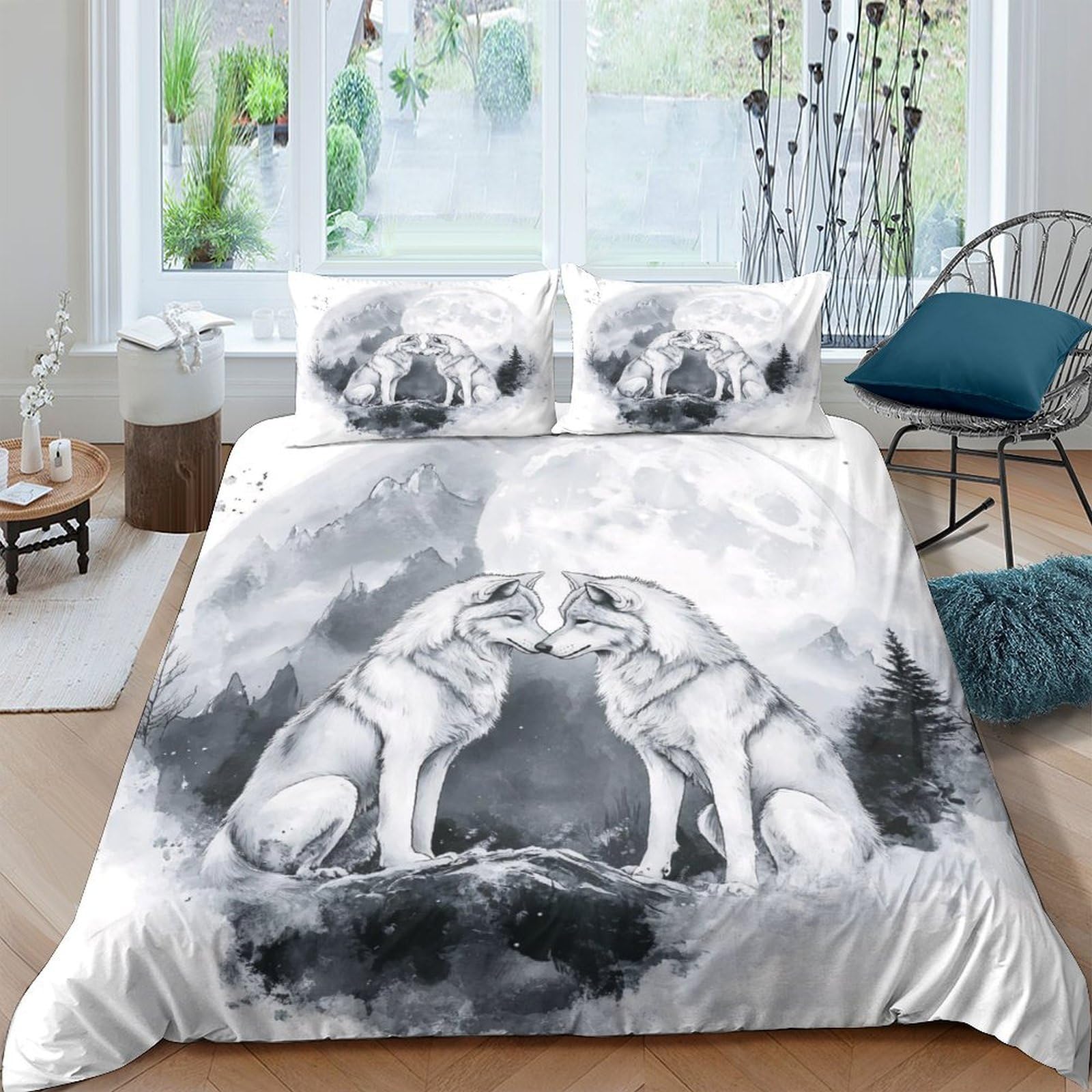 TUFRTGYHN 3D Printed Wolf Moon Duvet Cover Microfiber Soft Breathable Forest Night Bedding Set with 2 Pillowcases for Bedroom Decor Single（135x200cm）