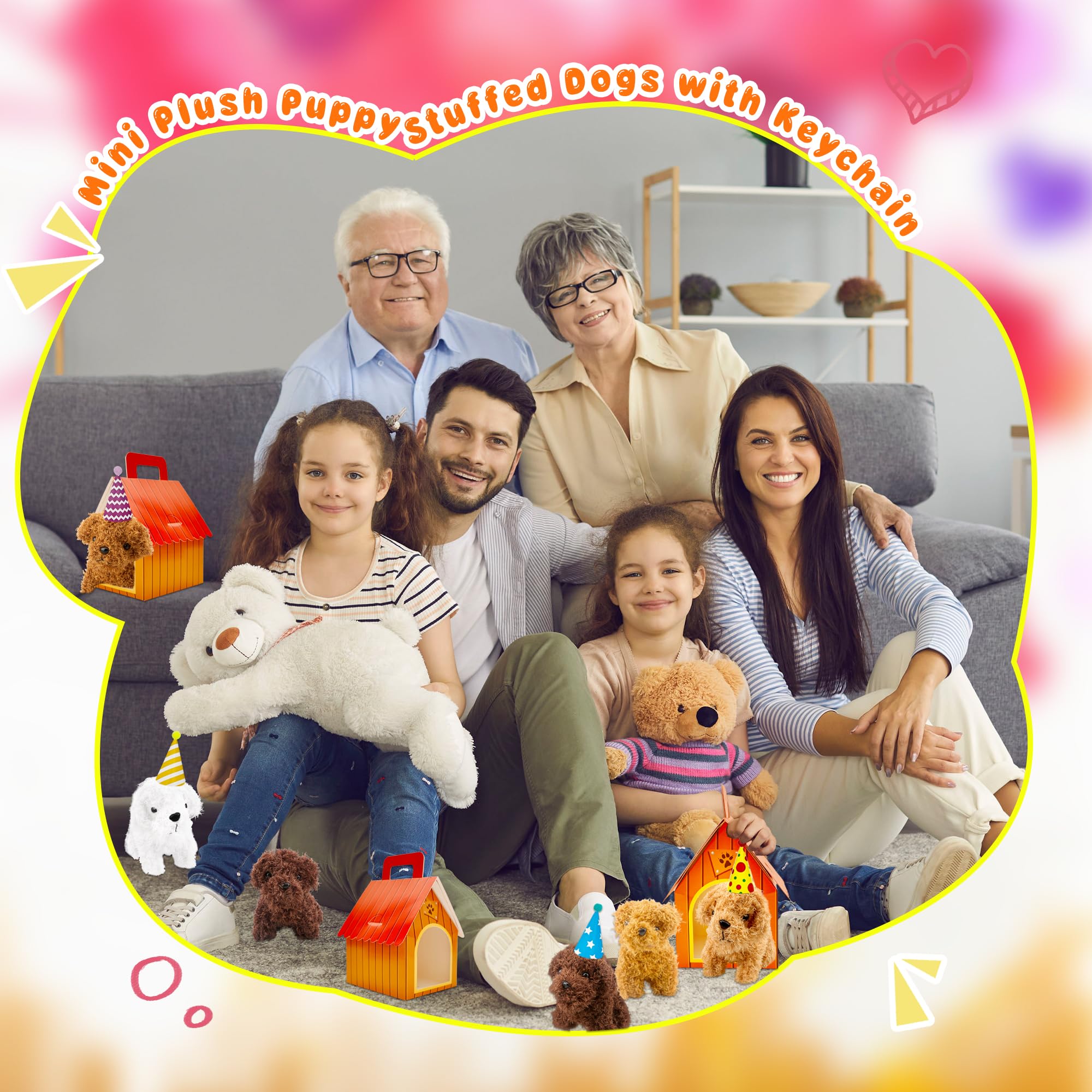 72 piezas de regalos de fiesta de perro de peluche con 24 mini juguetes de peluche de perro de peluche, 24 sombreros de cumpleaños y 24 casas de perro de cartón rojo para adoptar fiesta de