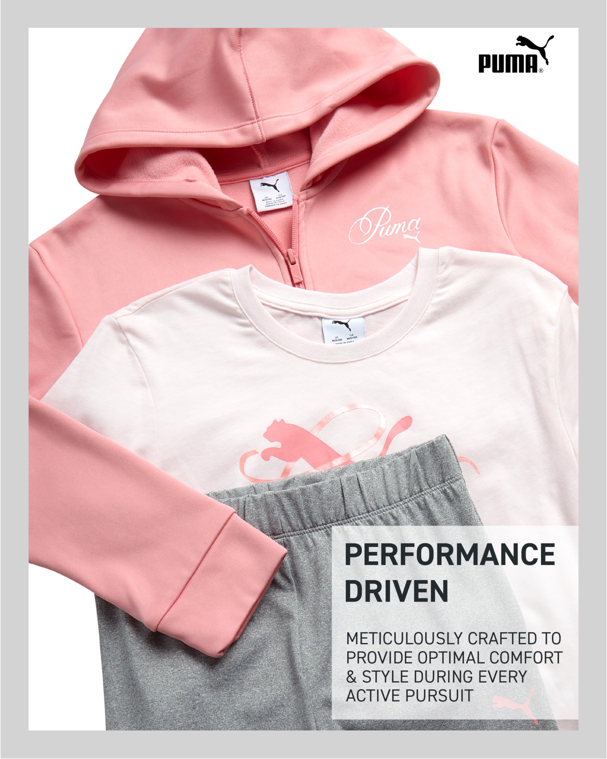 PUMA Aktives Mädchen-Legging-Set – 3-teiliges athletisches T-Shirt, Reißverschluss, Fleece-Hoodie, Sweatshirt und Leggings für Mädchen (7–14)