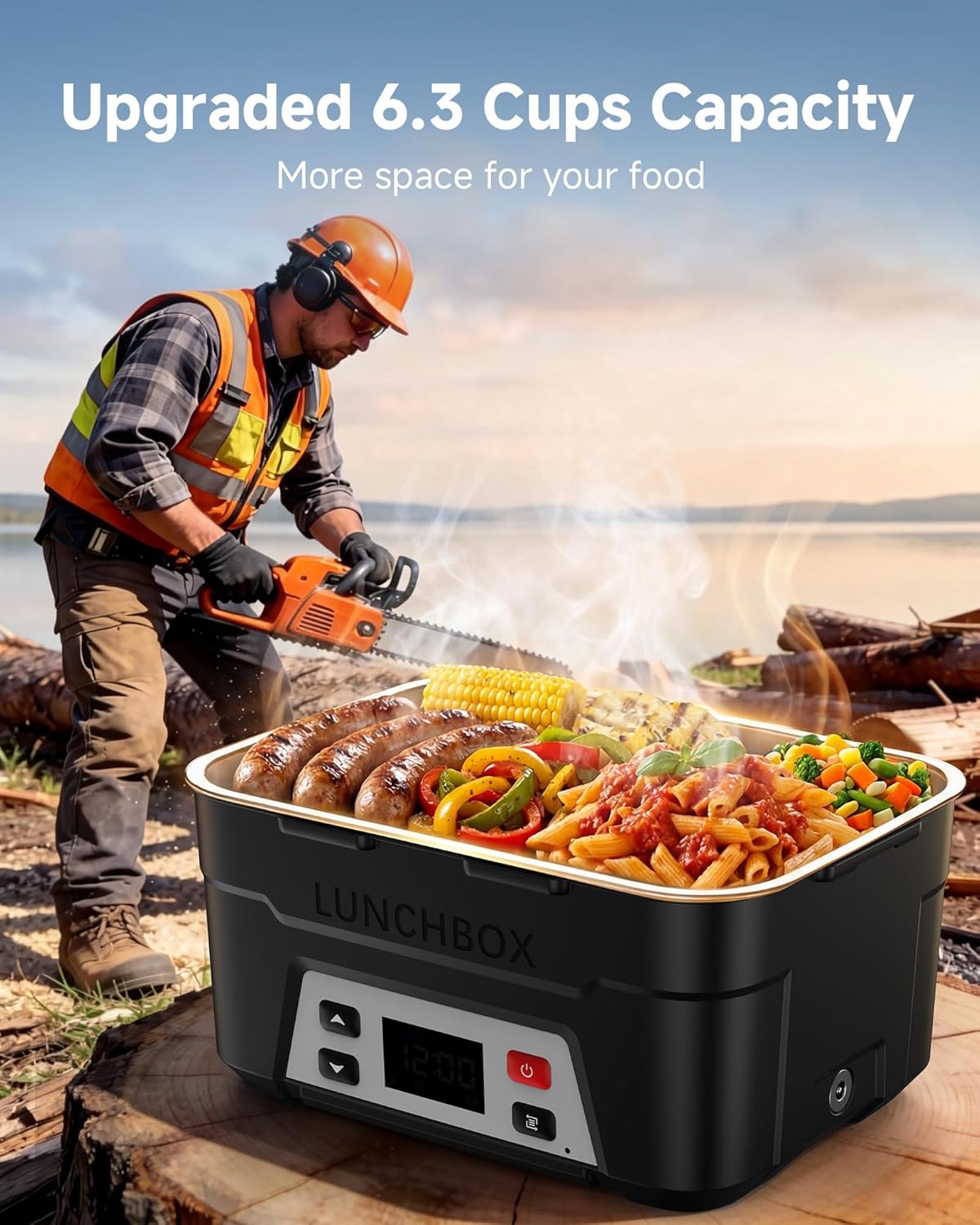 EAST OAK Heated Lunch Box for Men, Electric Lunch Box for Adults, 6.3 Cups Portable Food Warmer, 27000mAh Rechargeable Self Heating Food Heater with Memory Function, Automatic Keep Warm(Classic Black)