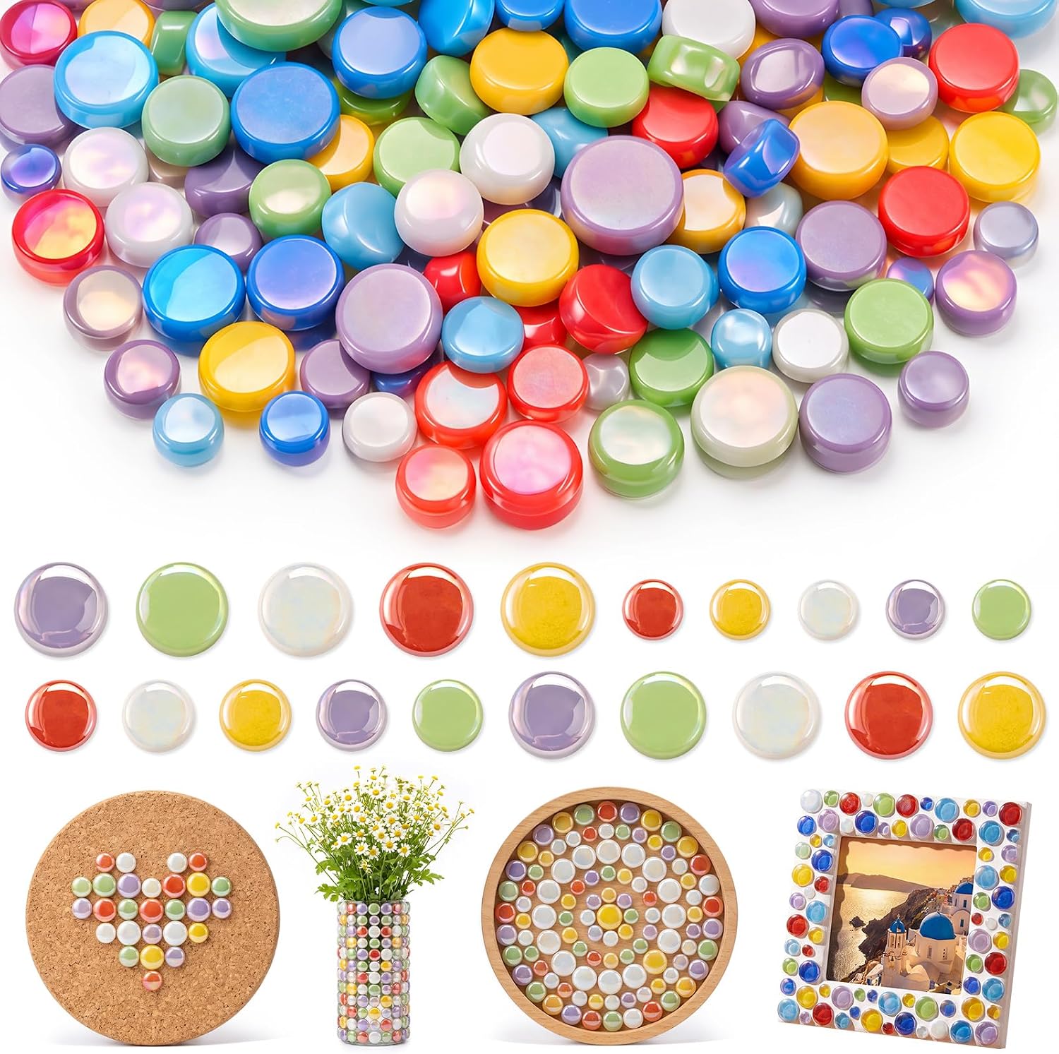 Dunzoom 2.2lb Iridescent Glass Round Mosaic Tiles for Crafts, 12/15/18/20mm