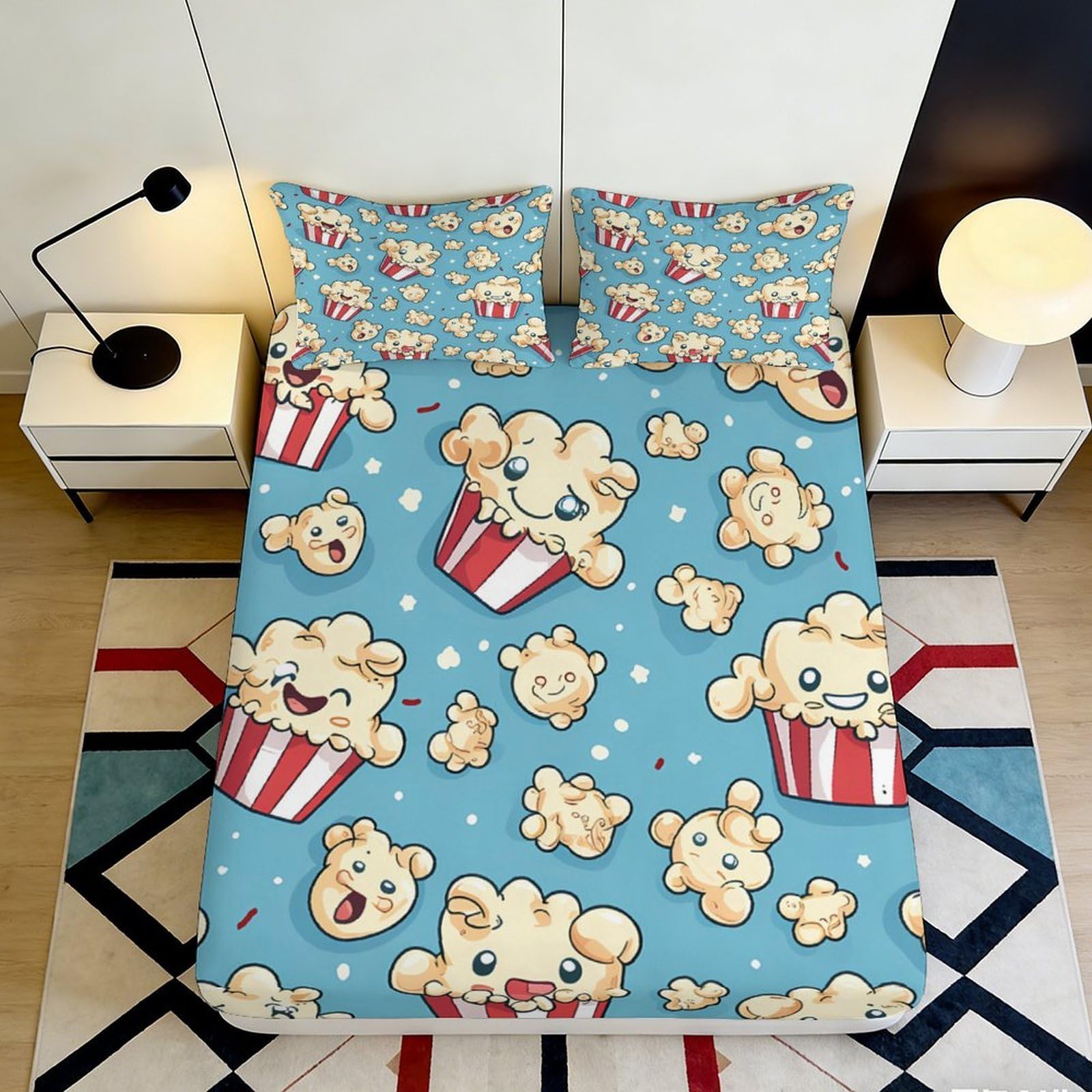 Pnayamiorkfel Style-8 3D Printed Cartoon Popcorn Fitted Sheet Microfiber Slip Resistant Bed Cover For Bedroom Dorm Decoration Easy Care 90X200x25cm