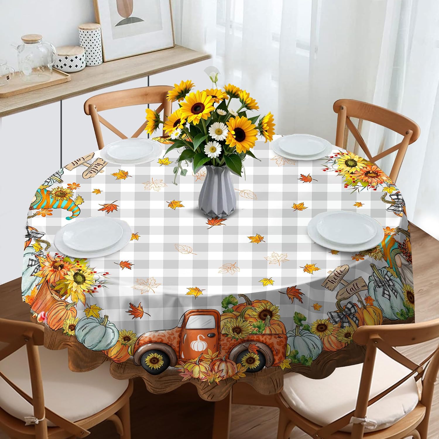 Fall Tablecloth 70 Inch Round, Pumpkins and Maple Leaves Table Cloth Fall Themed Decor for Dining Room Party