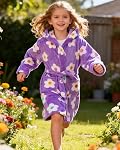 Girls Fleece Robe, Hooded Toddler Soft Fuzzy Bathrobe for Kids 2-16 Years