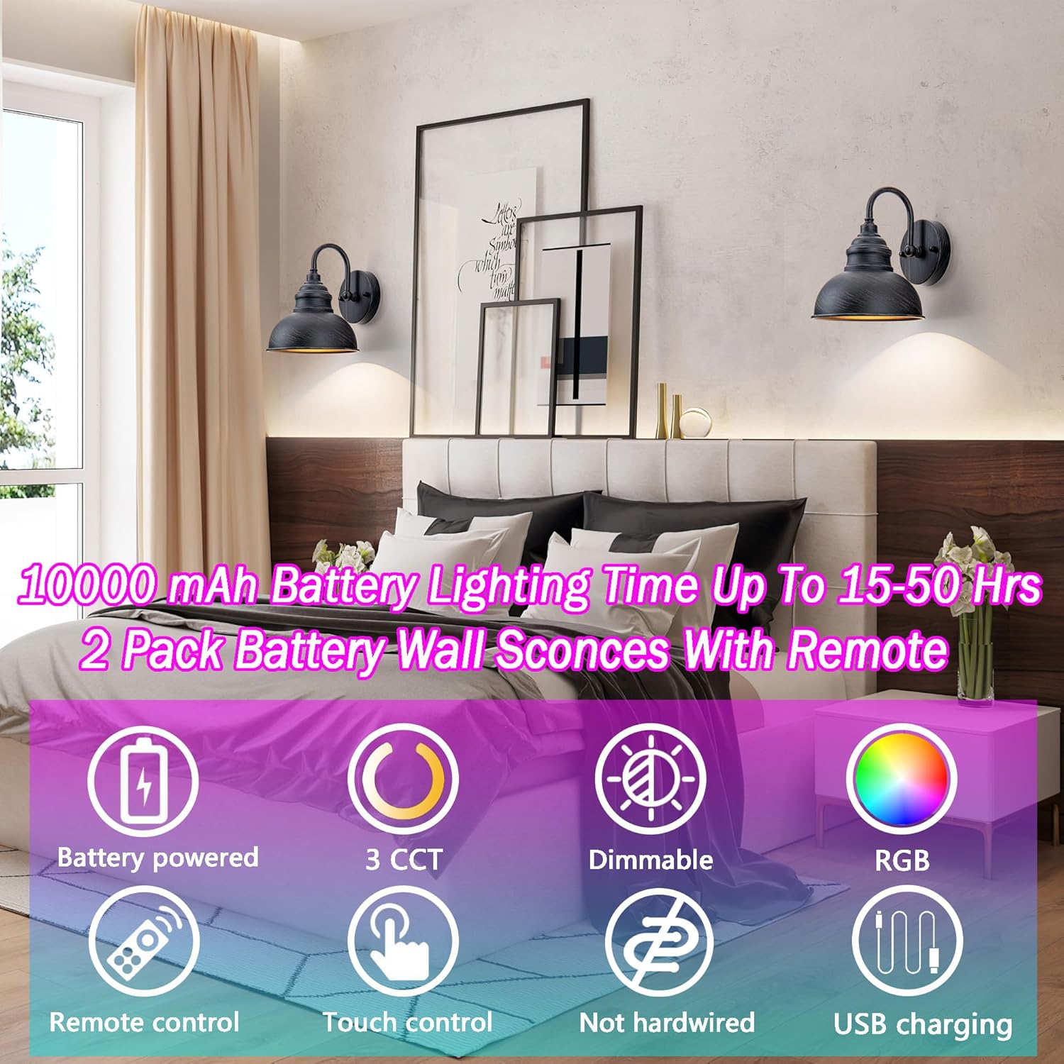 Industrial Battery Operated Wall Sconces Set of Two Wall Light Fixture with Remote, Indoor Not Hardwired Wall Mount Lamp for Bedroom Bathroom Vanity Light, Easy to Install, Batteries Included