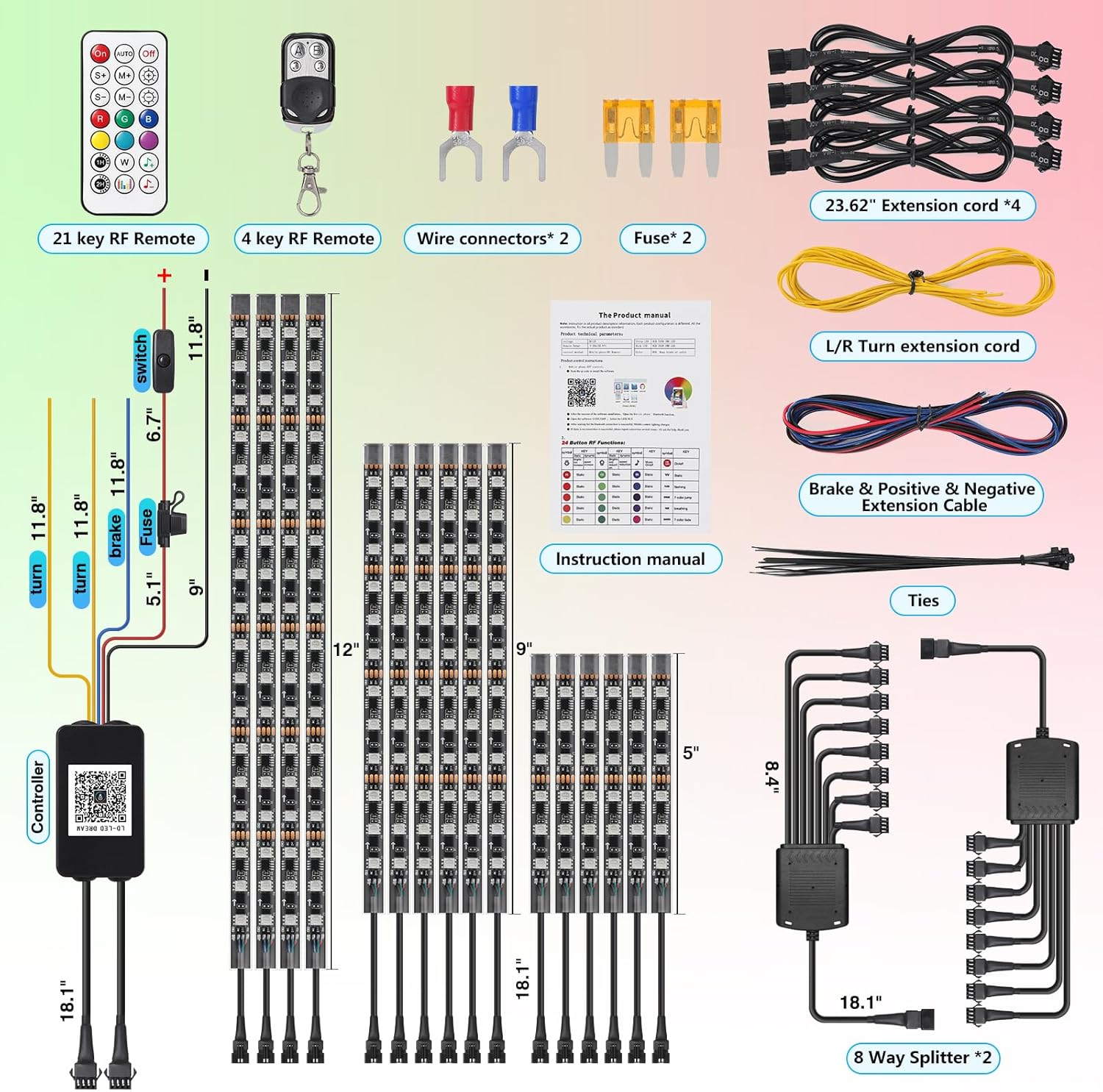 16Pcs RGB+IC Chasing Motorcycle LED Lights with APP/RF Remote, Dreamcolor Motorcycle LED Underglow Kit with Brake Turn Signal, 12V Waterproof Neon Strip Lights Kit for Harley Kawasaki ATV Golf Cart