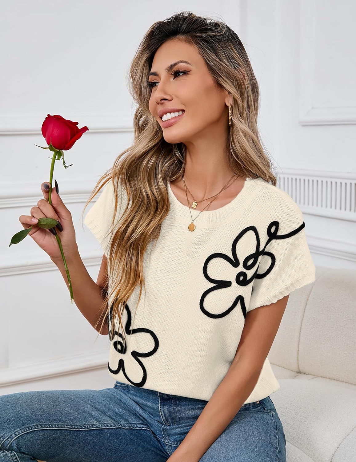 Libsorge Womens Cute Flower Cap Sleeve Sweater Vest Spring 2025 Lightweight Ribbed Knit Crewneck Knit Top - Image 2