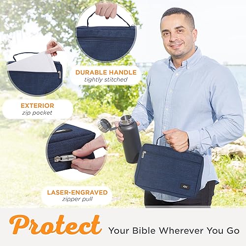 Miniatura 217 de Funda de lona para hombres y mujeres con cremallera para Biblia o libro con asa. Azul marino/Be Still