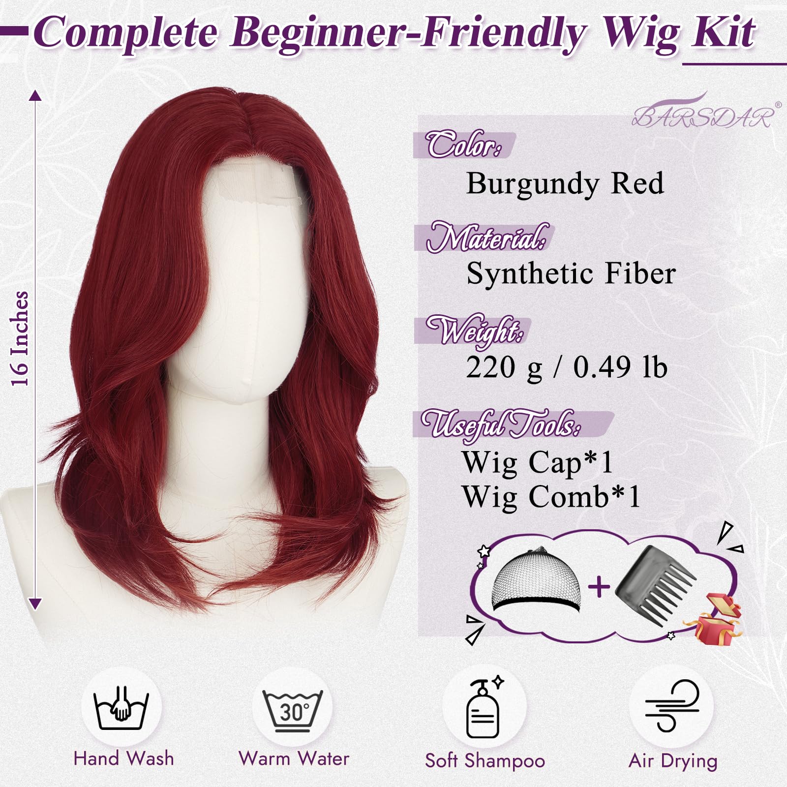 BARSDAR Kurze Layered Burgunder Rot Perücke, Schulter Lange Layered Rot Perücken für Frauen Mittel Lange Glattes Butterfly Face-framing Curtain Bangs Perücke Synthetik Perücken Natürlich Aussehend