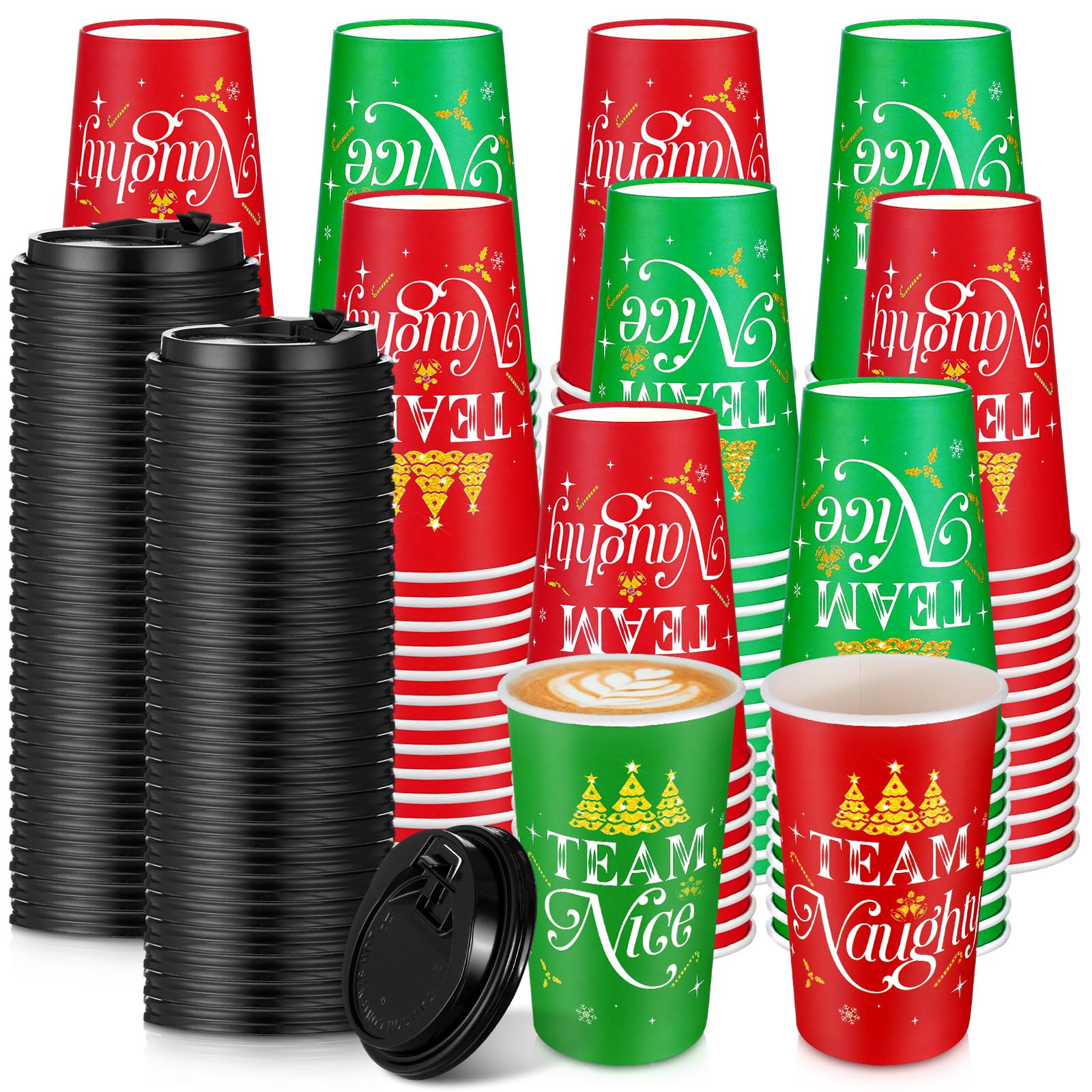 Photo 1 of 200 Pcs 16oz Christmas Coffee Cups with Lids Team Naughty or Nice Hot Chocolate Cups Disposable Double Walled Insulated Paper Cups for Xmas Holiday Party Supplies Birthday Home