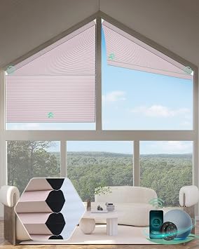 Yoolax Smart Cellular Shades, Motorized Right Trapezoid Honeycomb Blinds Motorized Blinds with Remote Compatible with Alexa, Customized Right Trapezoid Window Shades Blackout Light Pink