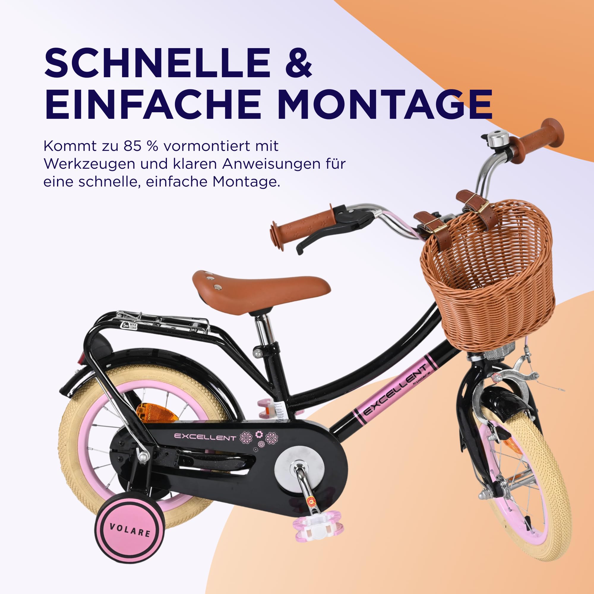 Volare Excellent Fahrrad | 3–5 Jahre | Hand- & Rücktrittbremse, Stützräder, Kettenschutz, Reflektoren & Korb | Höhenverstellbarer Sattel | Geschenk für Mädchen