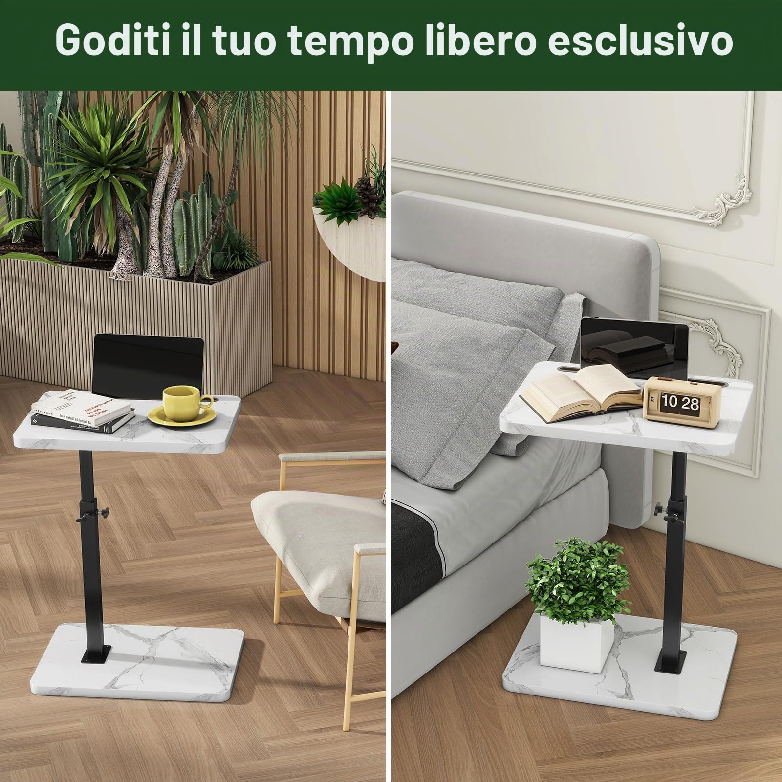 IBUYKE Tavolino a forma di C, girevole a 360°, regolabile in altezza, per stanze strette, con slot per telefono e tablet, per soggiorno, camera da letto, effetto marmo bianco TVT003BW