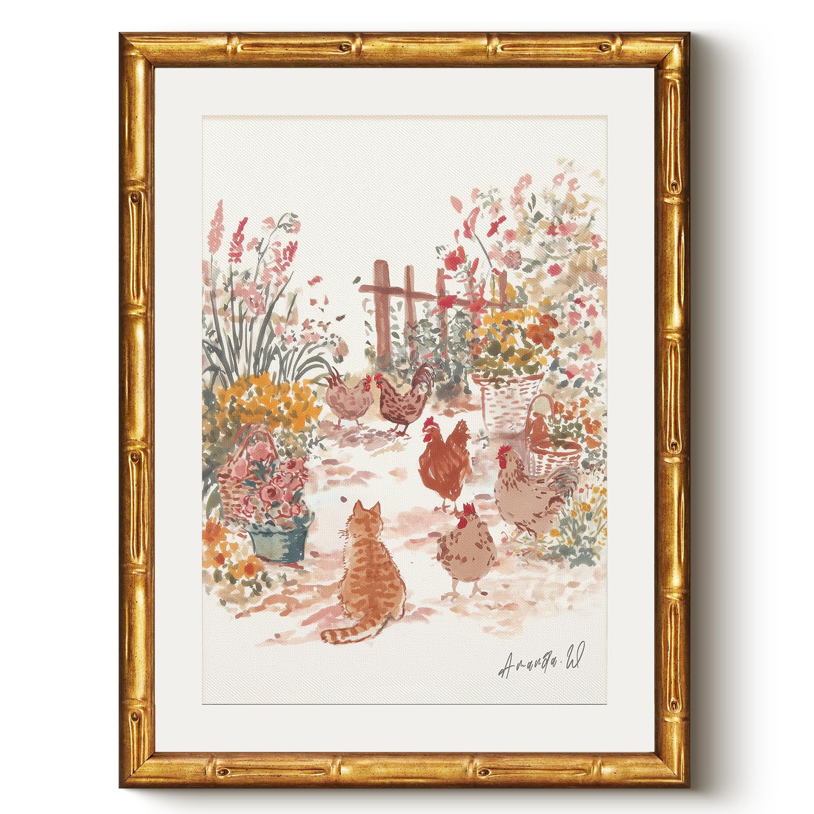 Vintage Gold Framed Cat Chicken Wall Art