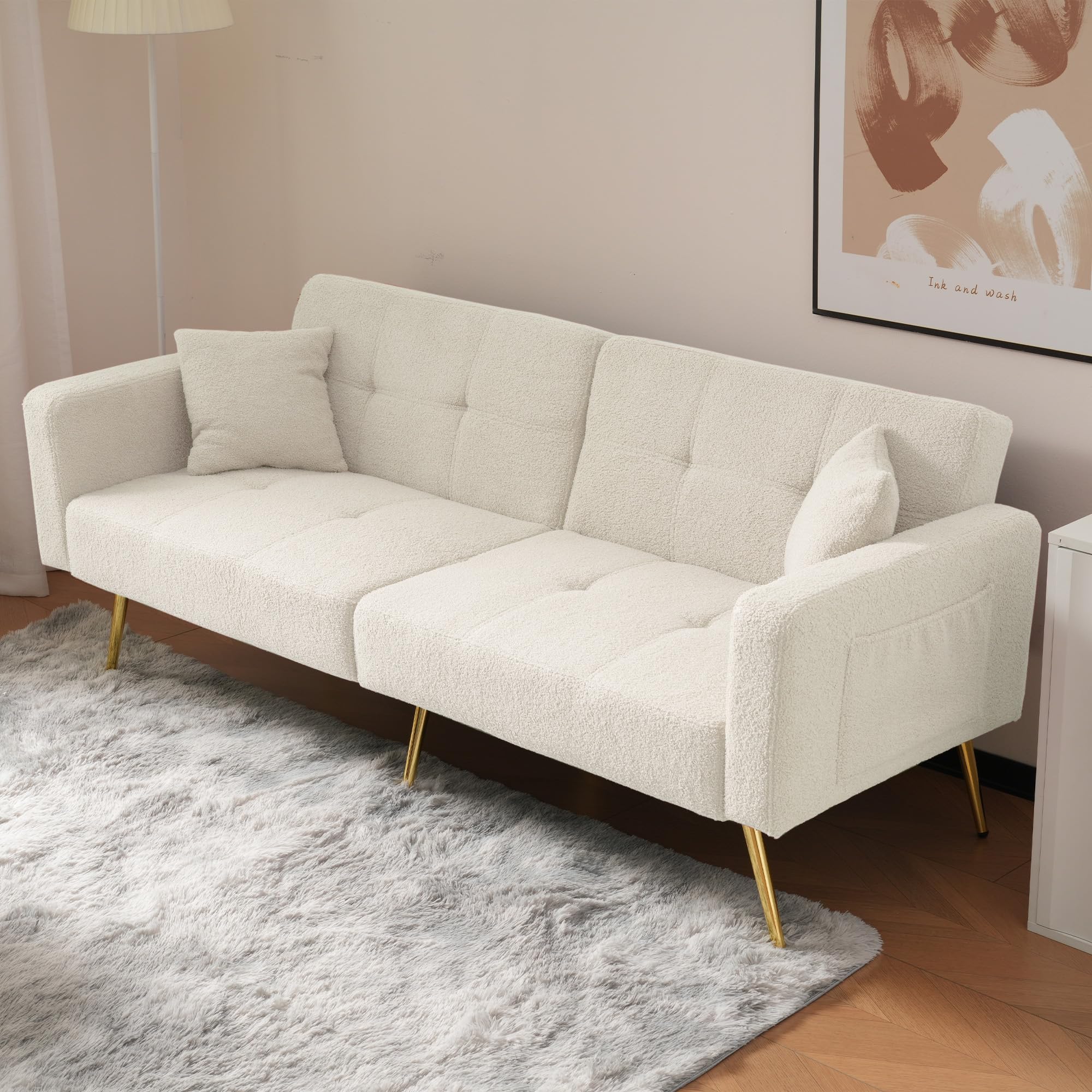 Dolamaní sofa 2w1 z funkcją spania, sofa tapczan z regulacją oparcia, złotymi nogami, z poduszkami (Biały)