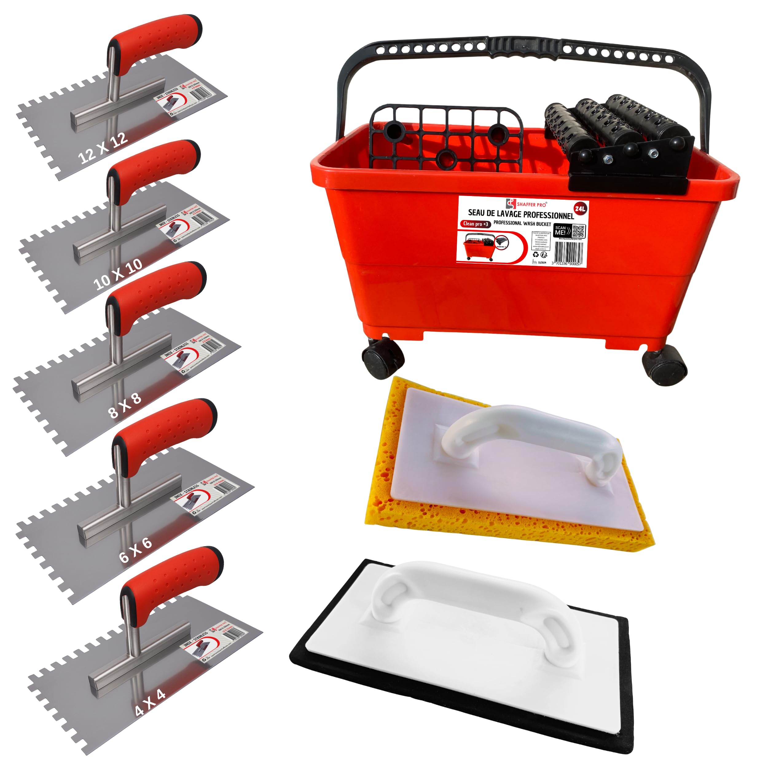 Kit Joint Seau de nettoyage joint carrelage 24 litres Clean pro +3 + Taloche à jointer + Taloche à nettoyer + 5 Peignes à colle - Shaffer Pro