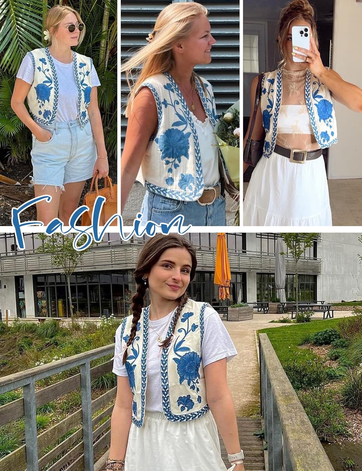 Yimoon Women's Vintage Floral Embroidery Vest Casual Open Front Sleeveless Cardigan Waistcoat - Image 4